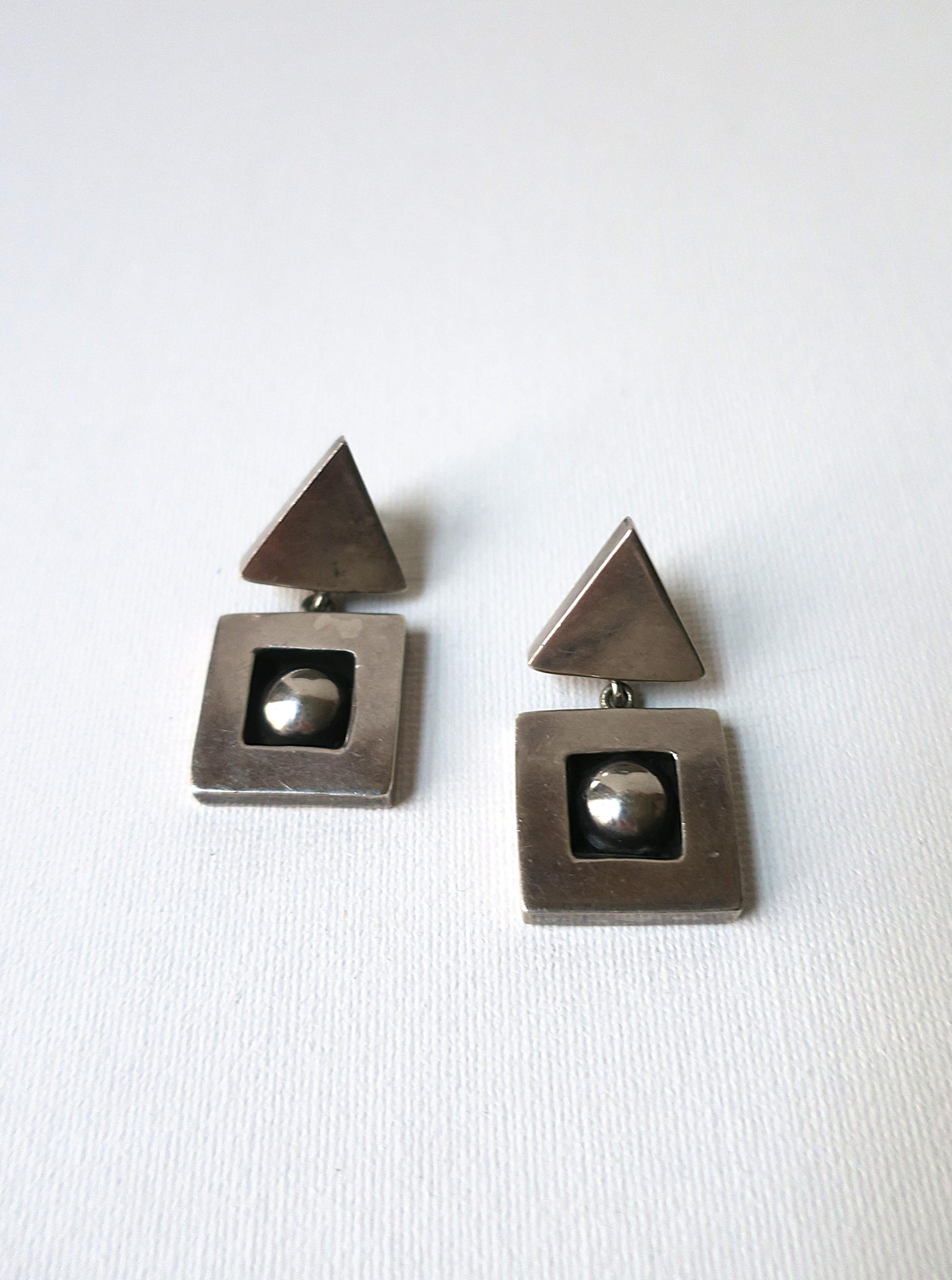 Women's or Men's Sterling Silver Geometric Drop Earrings For Sale