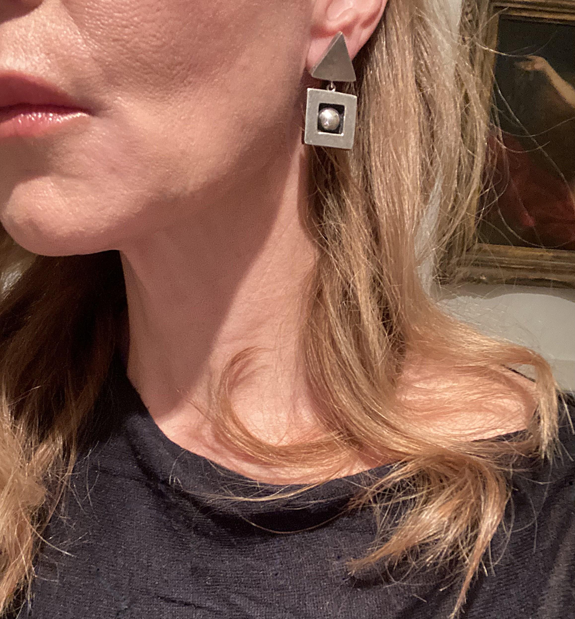 Sterling Silver Geometric Drop Earrings For Sale 1