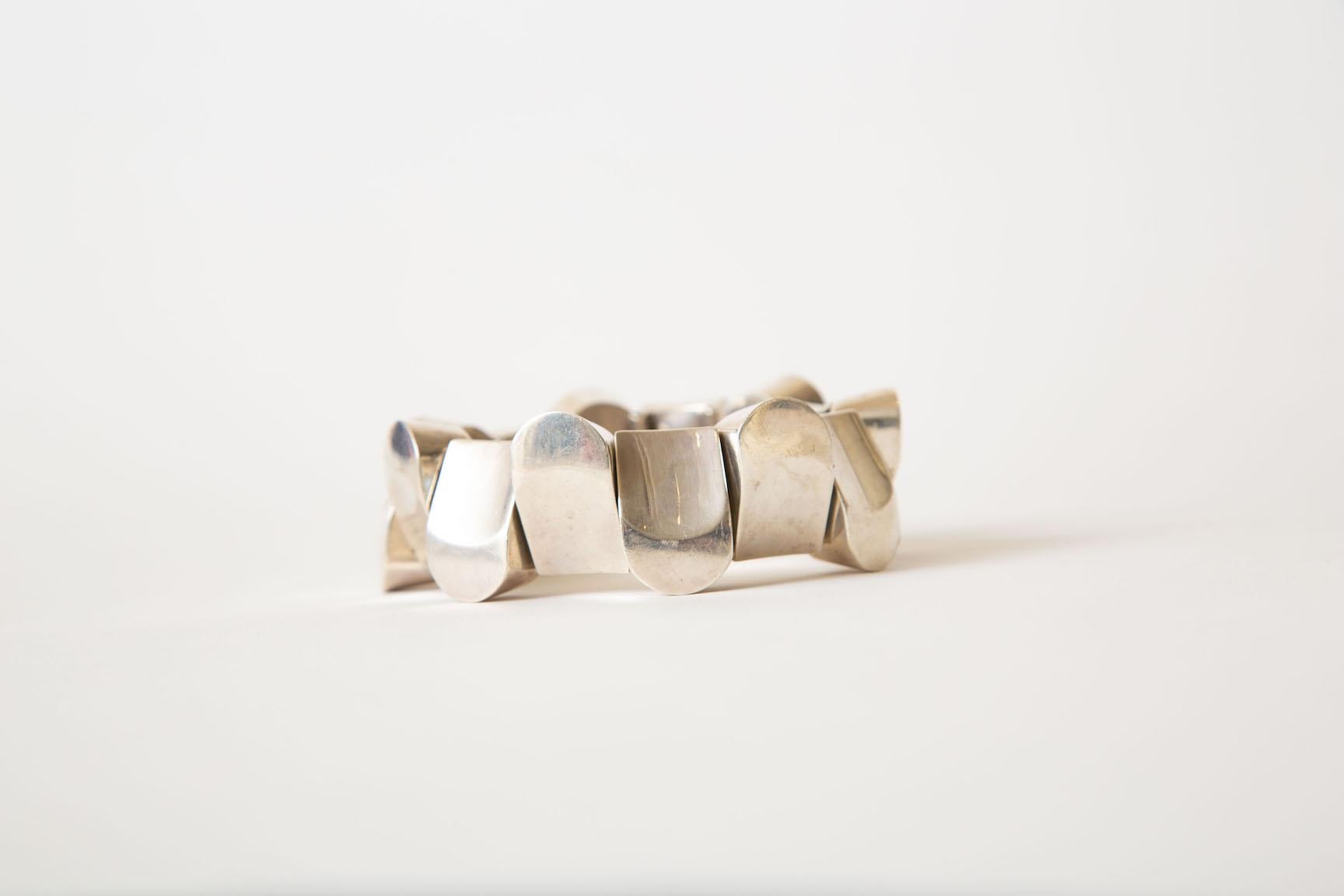 Women's Sterling Silver Geometric Link Sculptural Bracelet Vintage