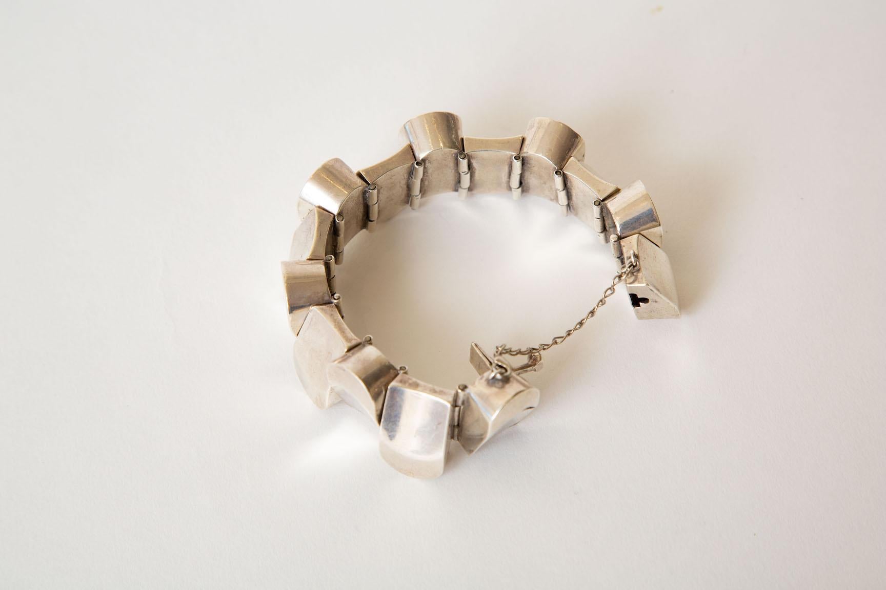 Sterling Silver Geometric Link Sculptural Bracelet Vintage 2