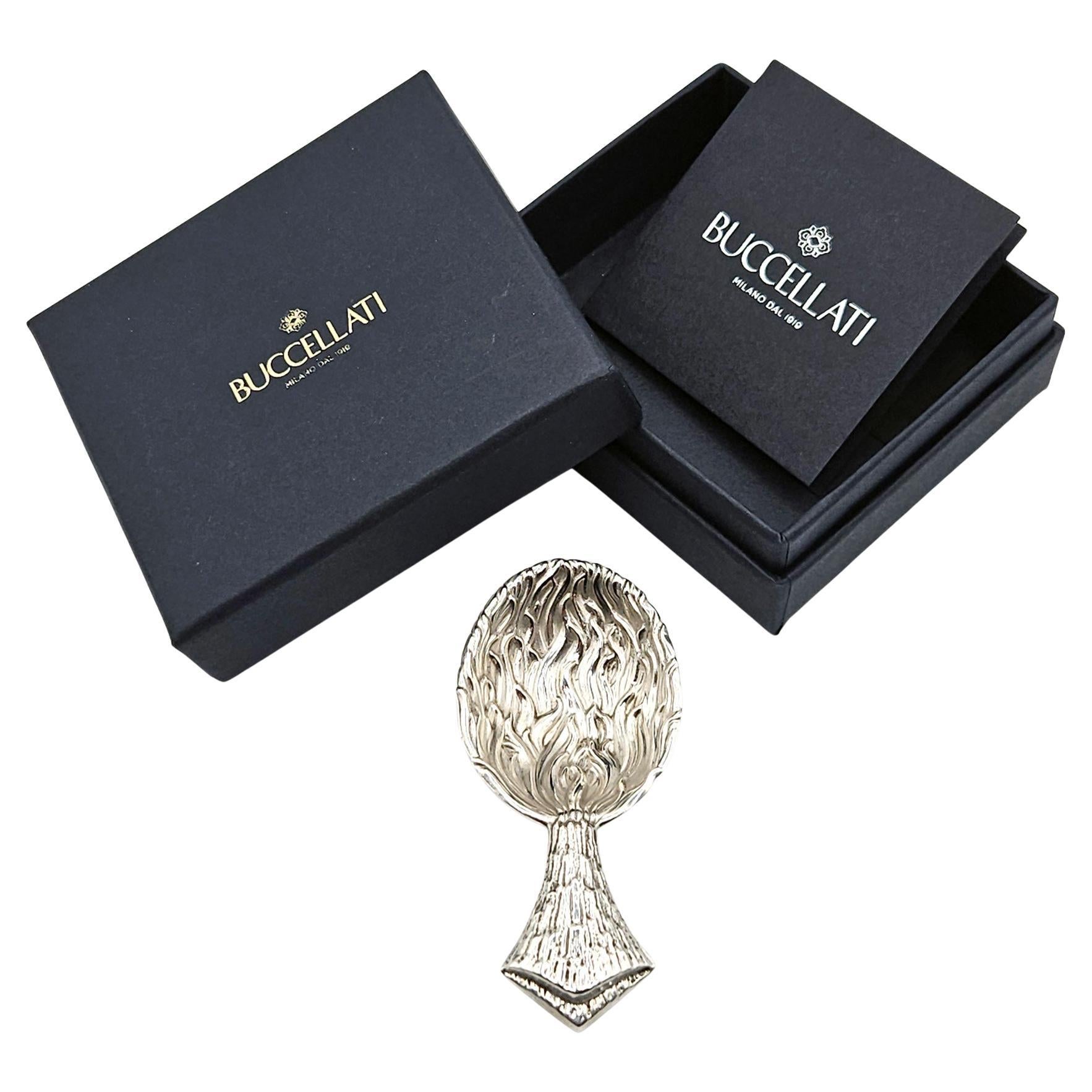 A Sterling silver ‘Vulcano’ tea caddy spoon signed ‘Gianmaria Buccellati’ and made by Clementi Fabbrica Argenteria in Bologna, Italy, 20th century.

This superb and highly collectible spoon is one from a collection of tea caddy spoons by Gianmaria