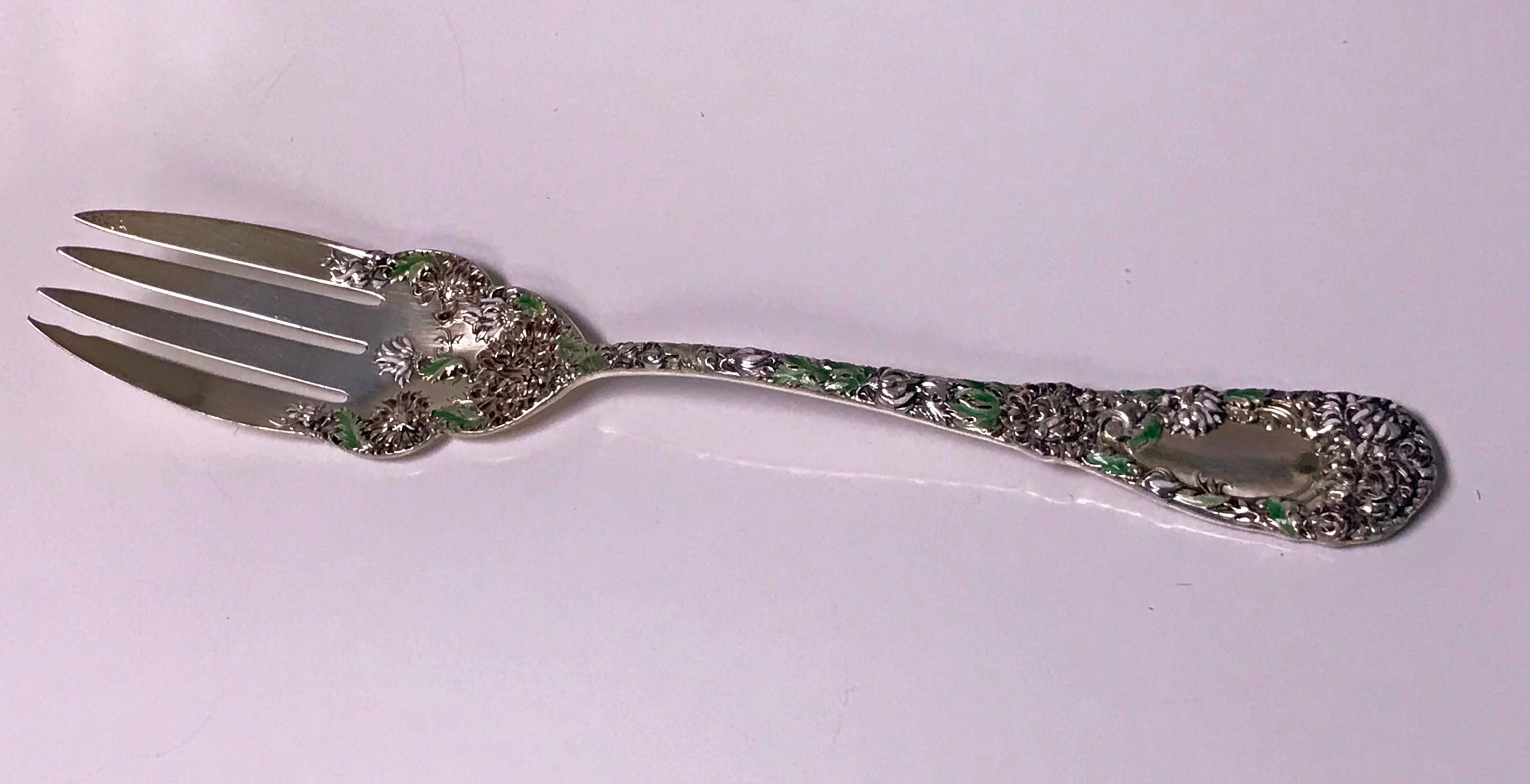 American Sterling Silver Gilt and Enamel Servers Chrysanthemum Durgin, circa 1880