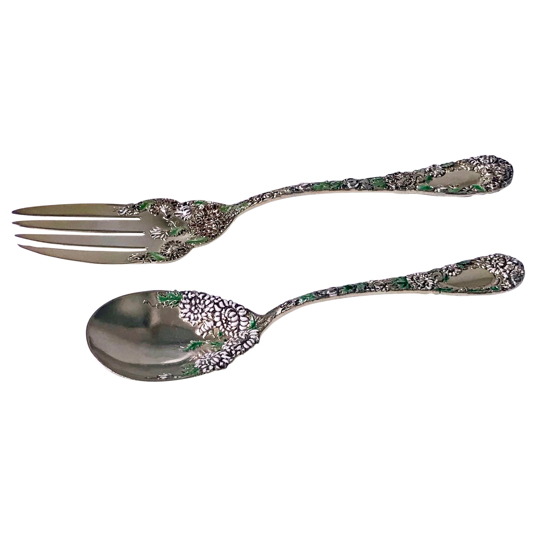 Sterling Silver Gilt and Enamel Servers Chrysanthemum Durgin, circa 1880