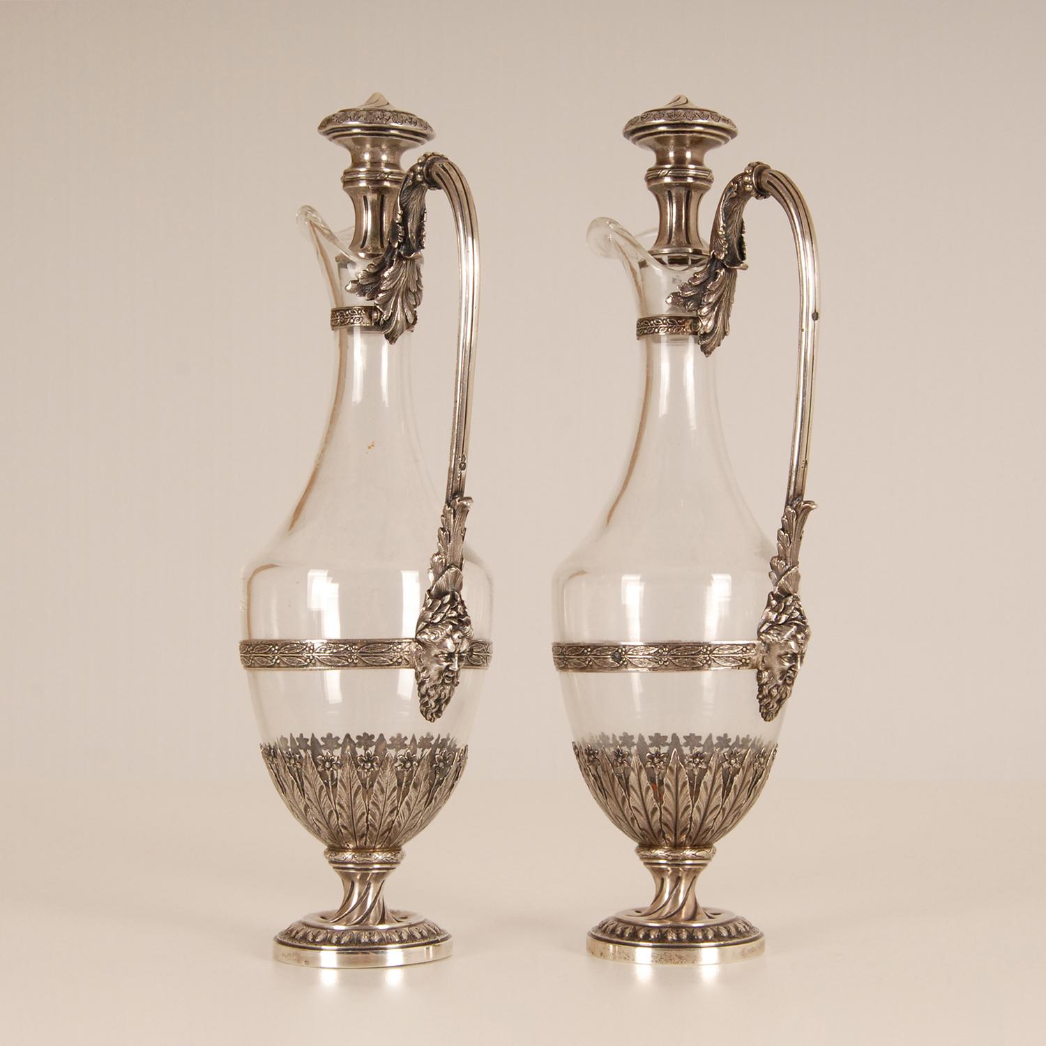 Hand-Crafted Sterling Silver Glass Decanters French Victorian Tableware Neoclassical a pair For Sale