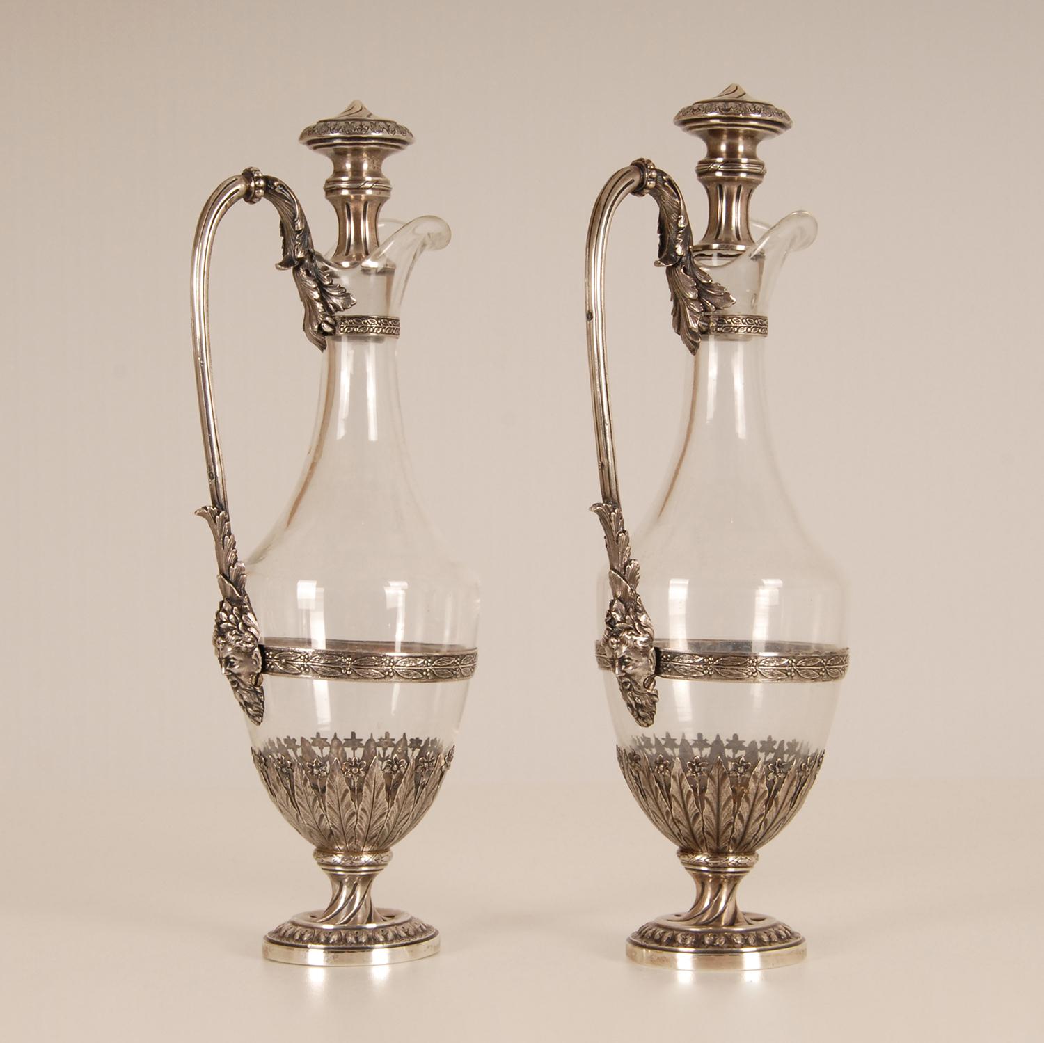 19th Century Sterling Silver Glass Decanters French Victorian Tableware Neoclassical a pair For Sale