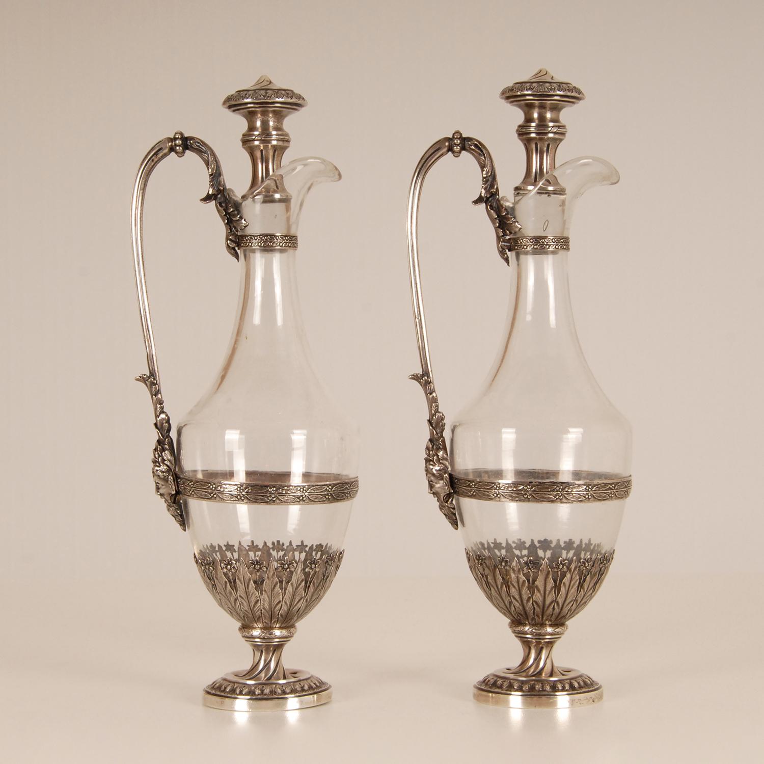 Sterling Silver Glass Decanters French Victorian Tableware Neoclassical a pair For Sale 1