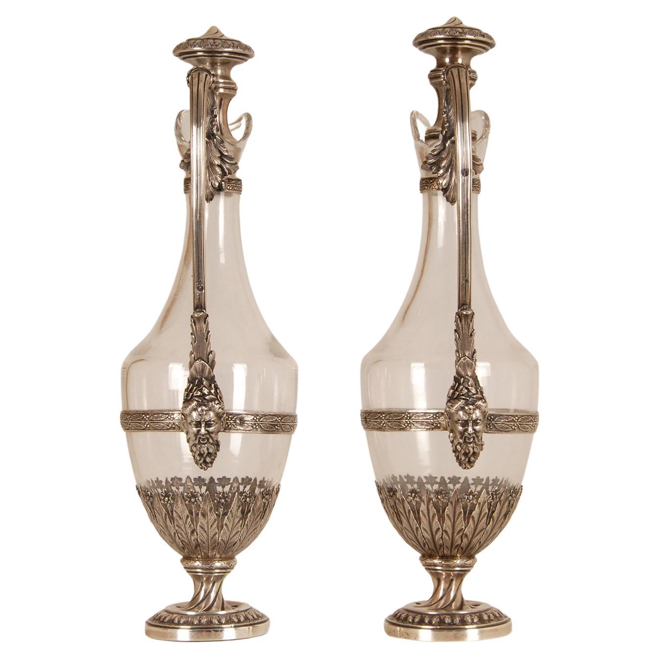 Sterling Silver Glass Decanters French Victorian Tableware Neoclassical a pair For Sale
