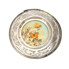 Sterling Silver, Glass Pressed Butterfly & Flower Plate with Reticulated Handle