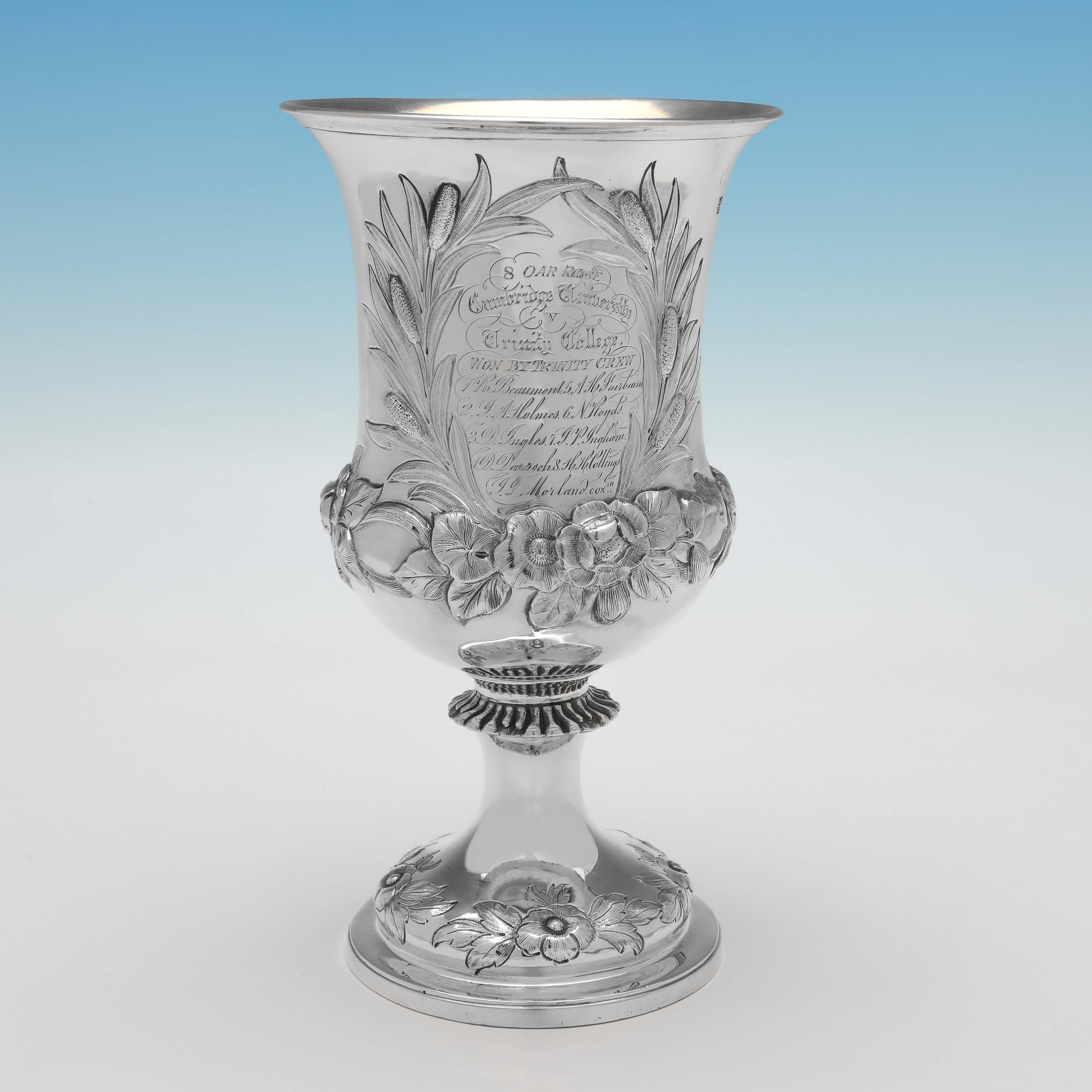 Hallmarked in London in 1857 by George Richards, this striking, Victorian, Antique Sterling Silver Goblet, is campagna shaped, and features applied decoration. The goblet measures 6.75