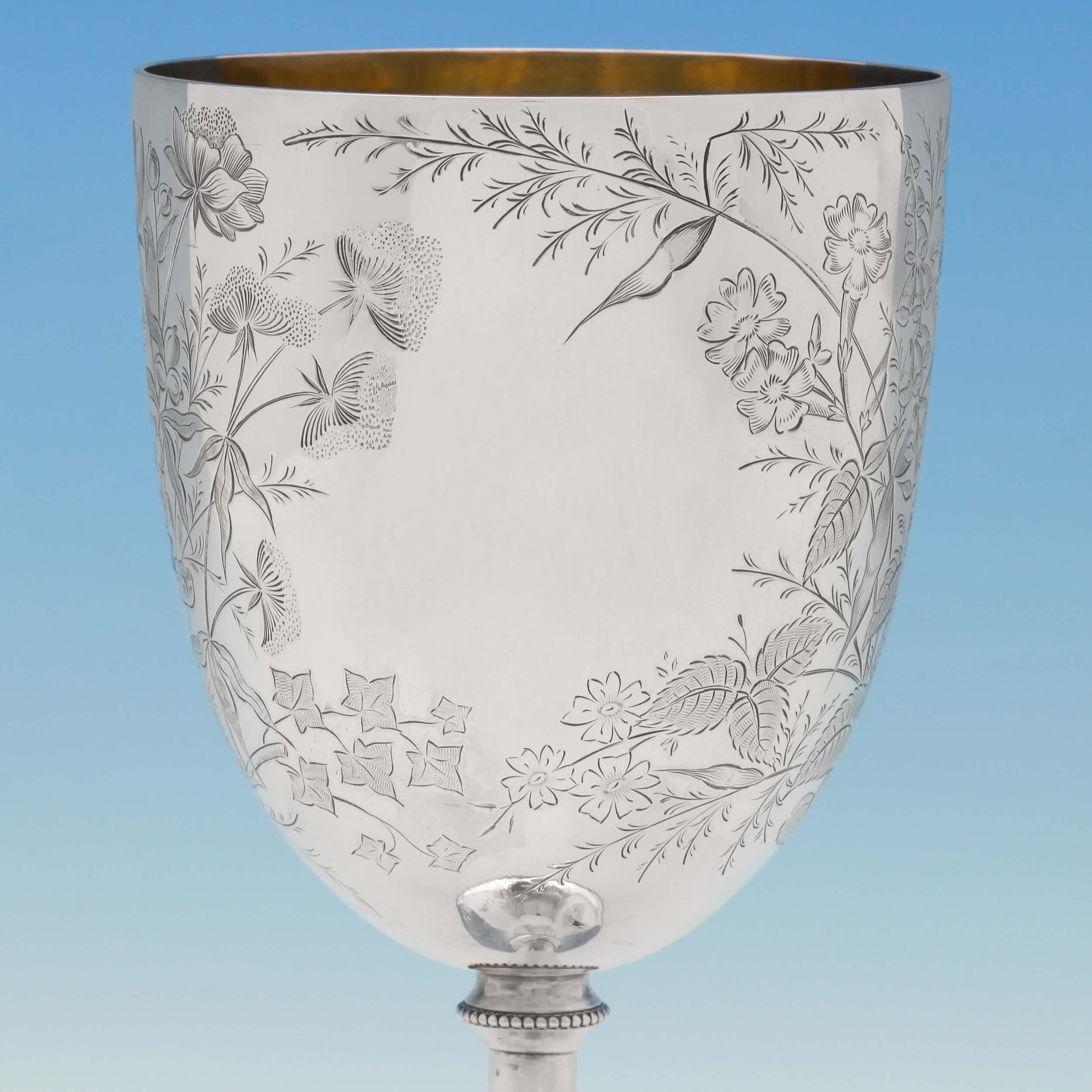 English Victorian Aesthetic Period Engraved Sterling Silver Goblet by W. W. Harrison