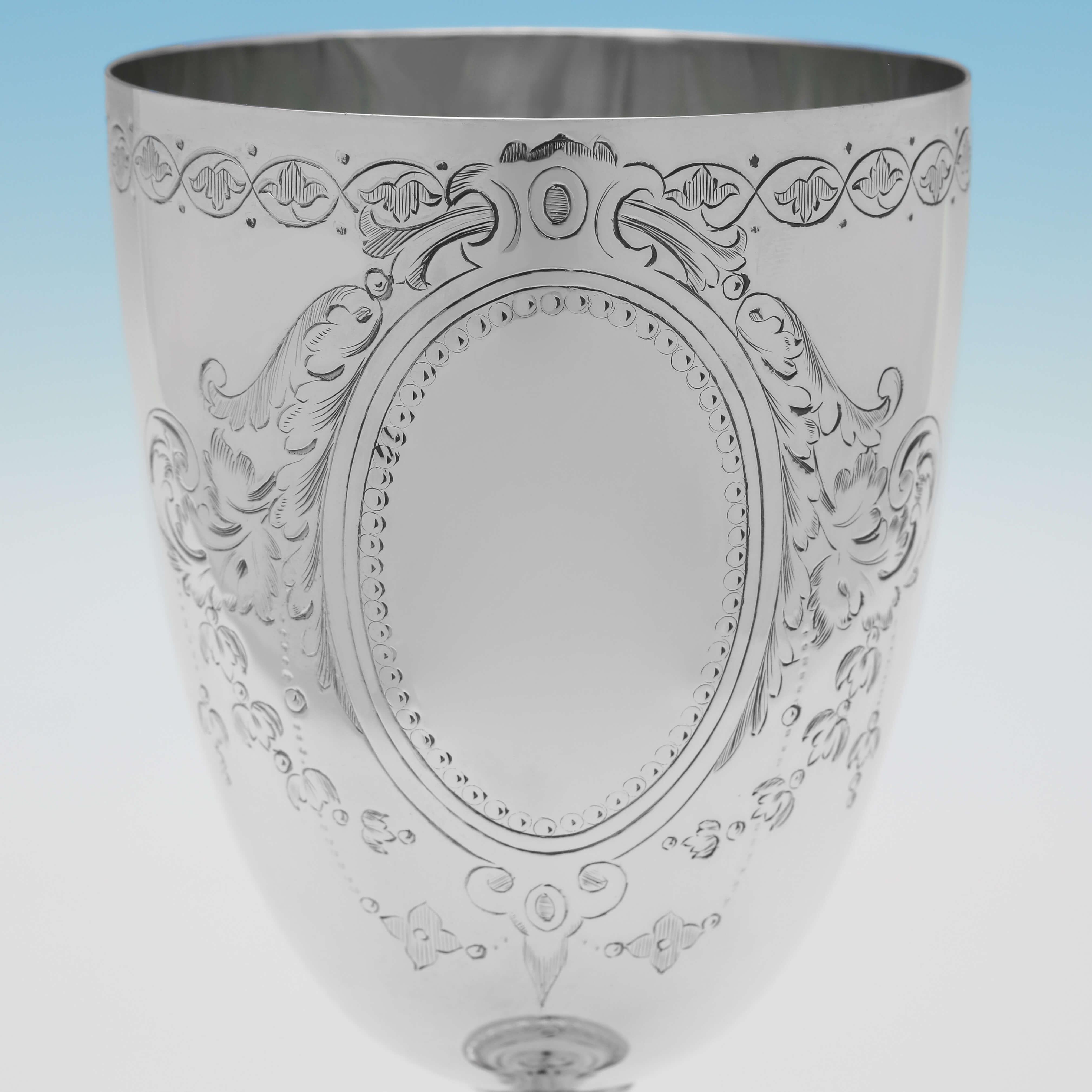 English Attractive Victorian Engraved Antique Sterling Silver Goblet - Sheffield 1869 For Sale