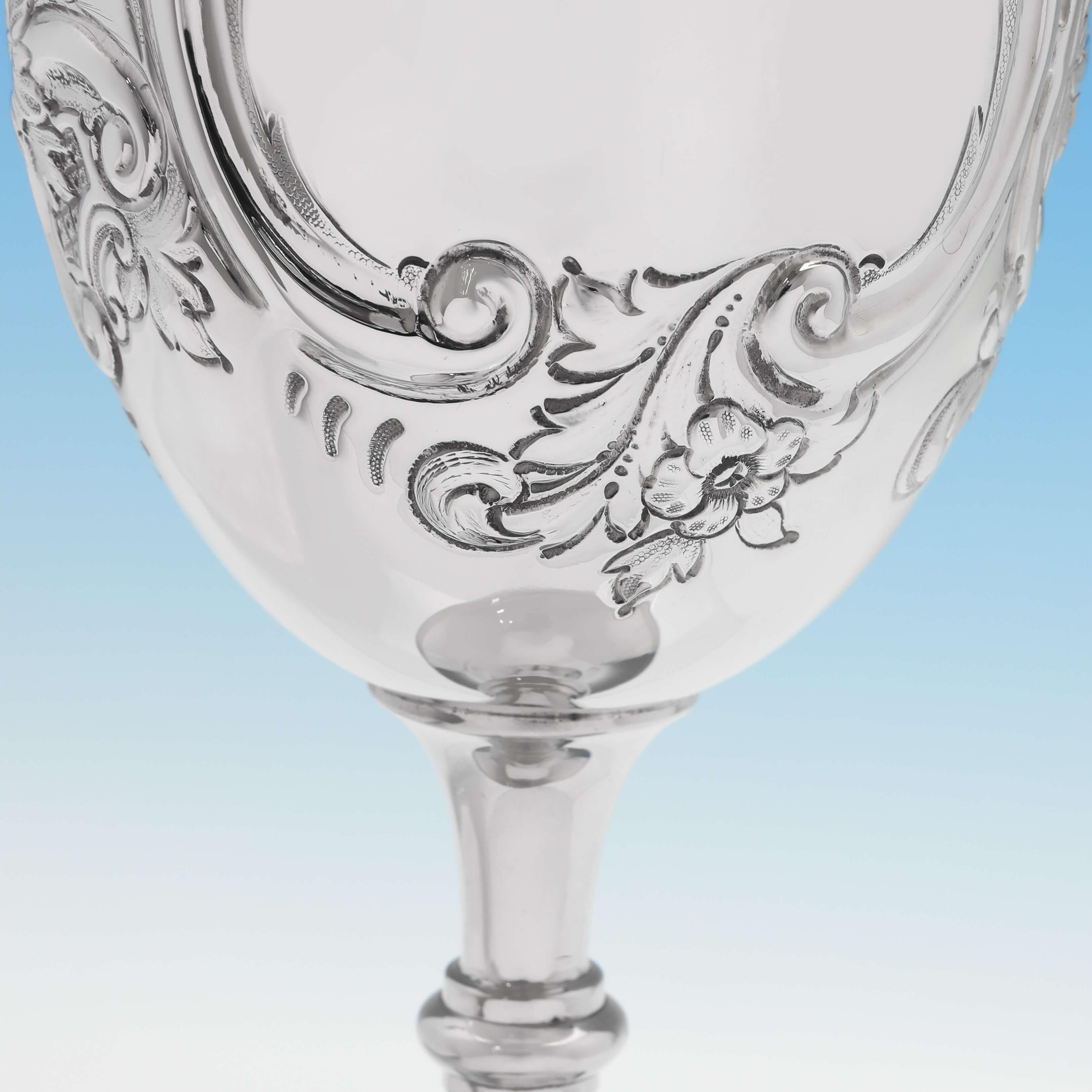 English Chased Victorian Antique Sterling Silver Goblet, Barnards, London, 1891