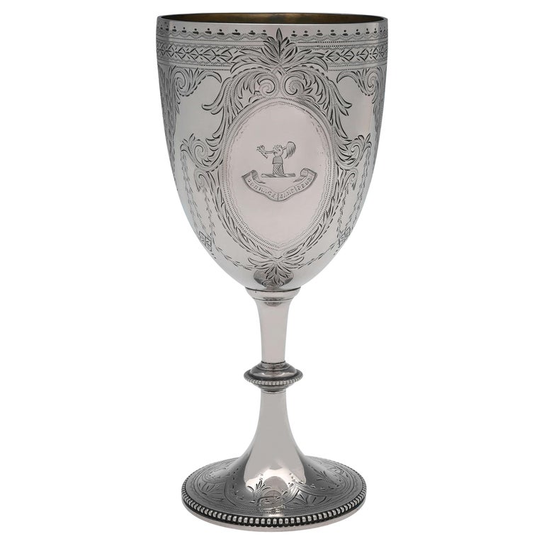Sterling Silver Goblet, London 1886 by C. S. Harris, Engraved with Inscription For Sale
