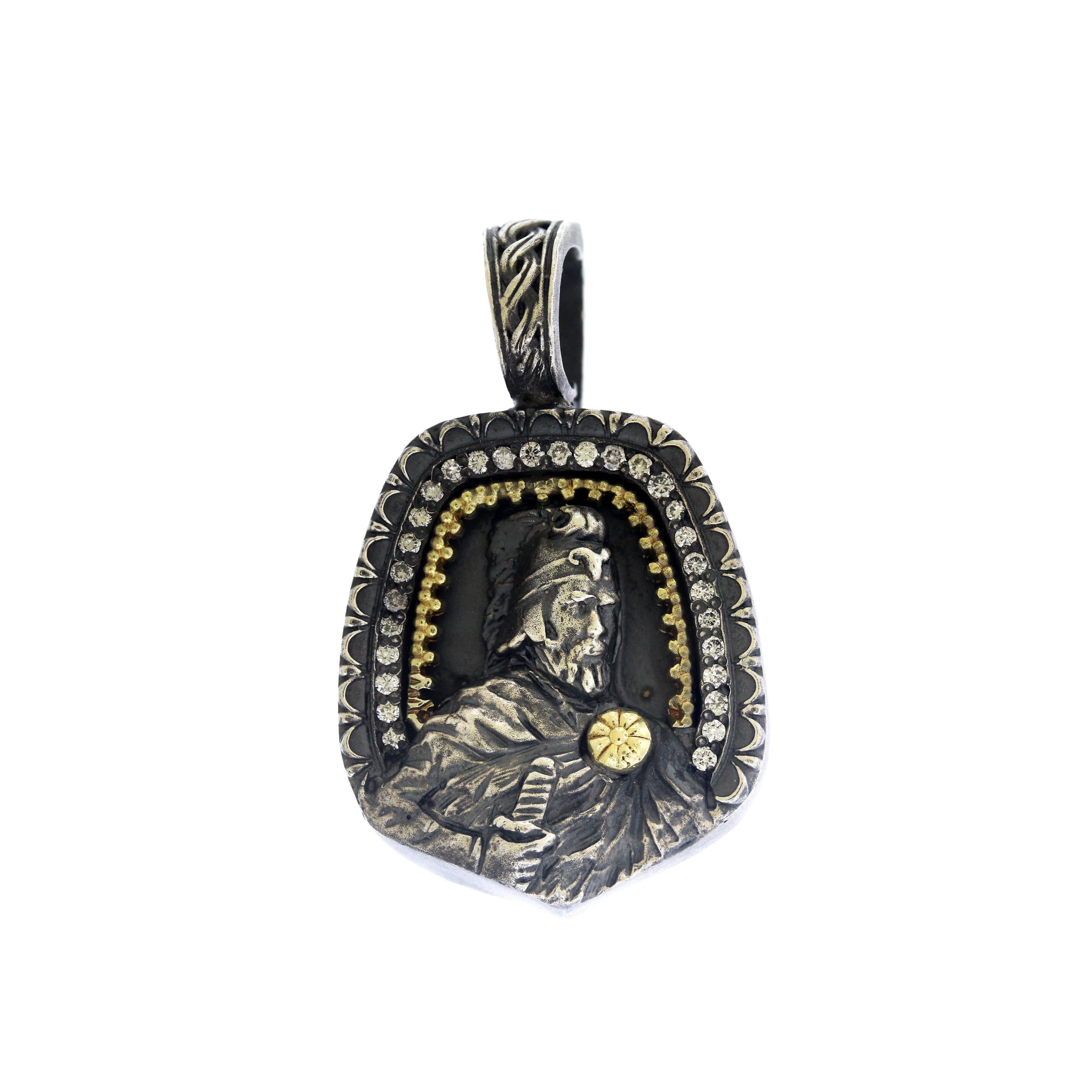 IF YOU ARE REALLY INTERESTED, CONTACT US WITH ANY REASONABLE OFFER. WE WILL TRY OUR BEST TO MAKE YOU HAPPY!

Aged Silver & 18K Gold and Diamond Warrior Pendant with Mesh Chain Necklace by Stambolian

This pendant features an Armenian warrior in the
