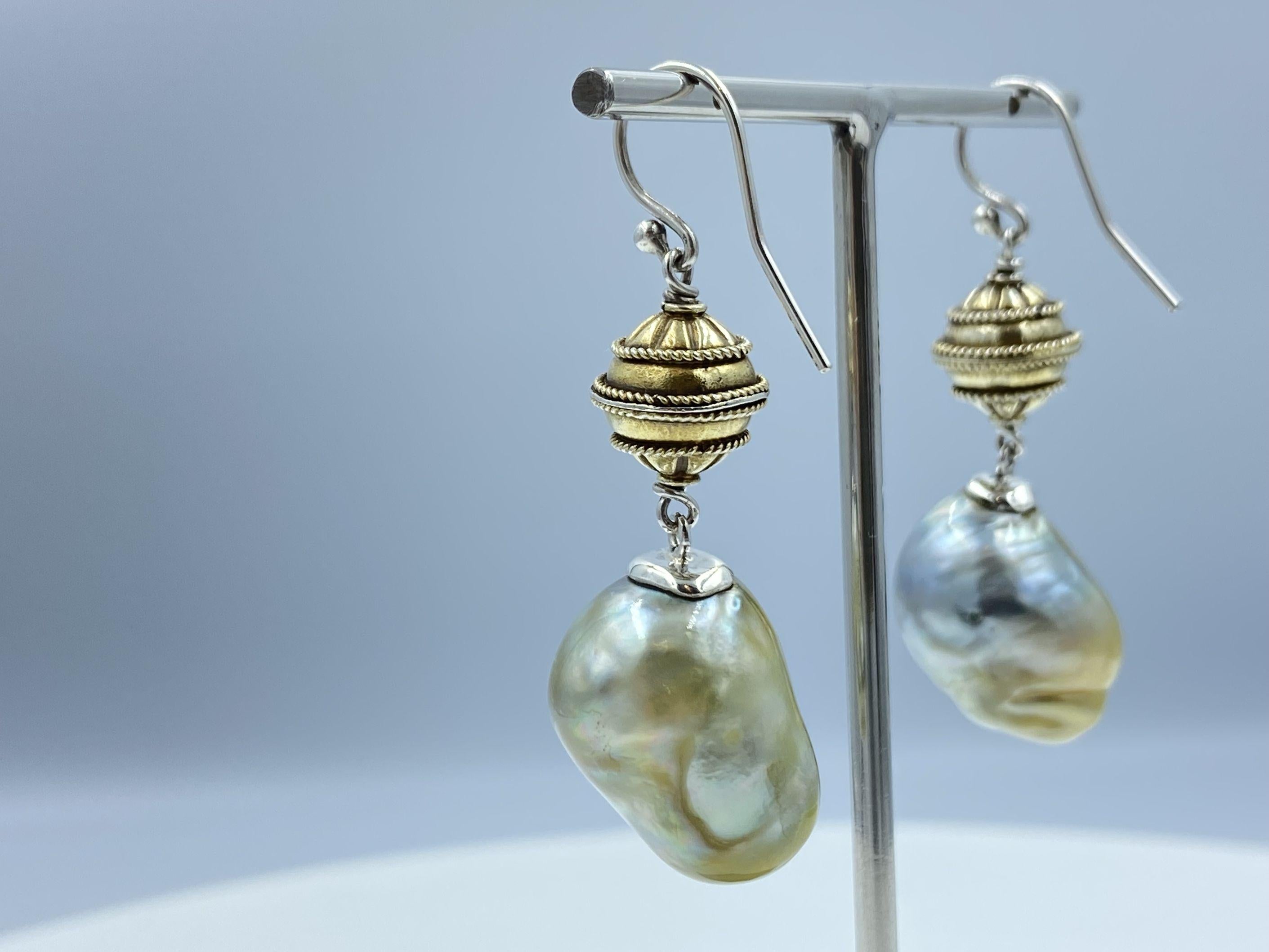 Sterling Silver Gold Plate Lantern Beads Baroque South Sea Pearl Drop Earring For Sale 4