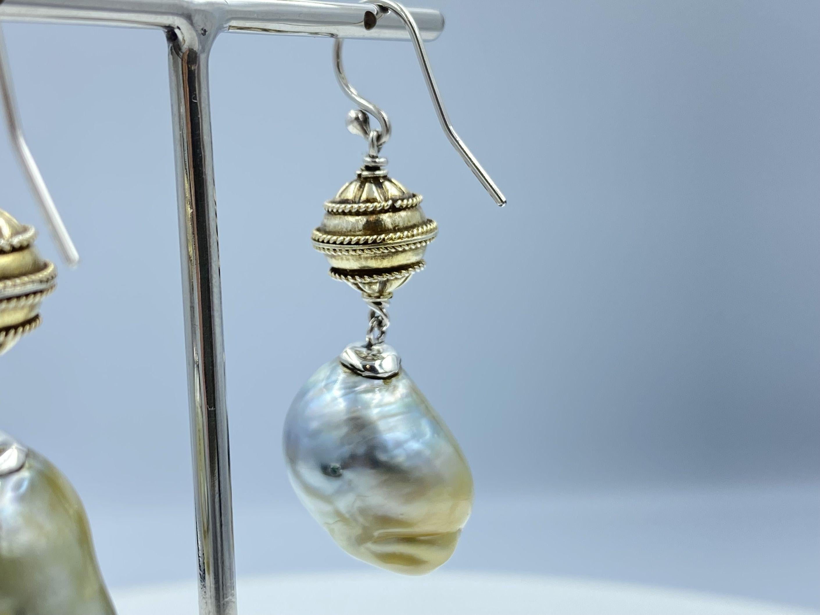 Sterling Silver Gold Plate Lantern Beads Baroque South Sea Pearl Drop Earring For Sale 5