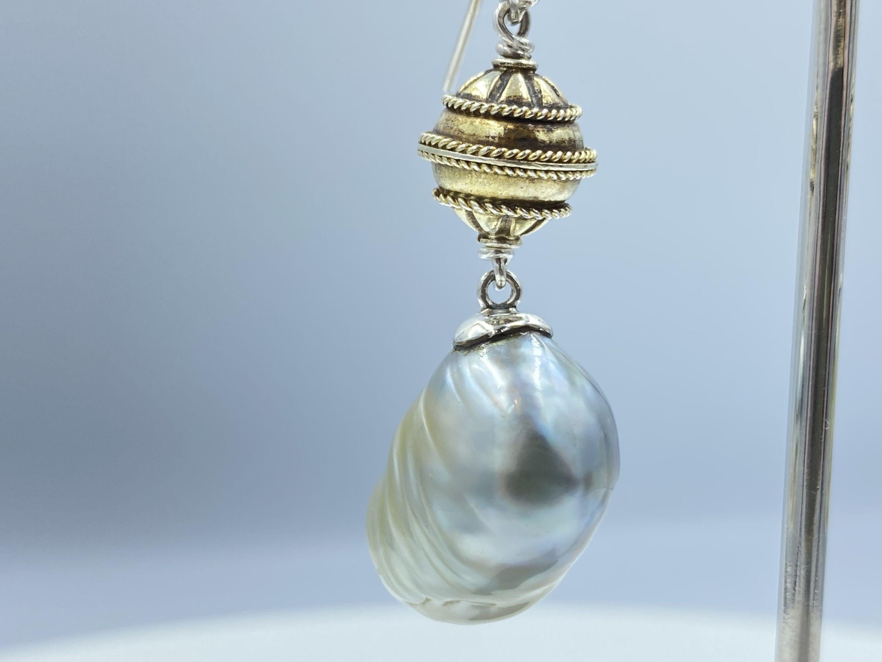 Sterling Silver Gold Plate Lantern Beads Baroque South Sea Pearl Drop Earring For Sale 9