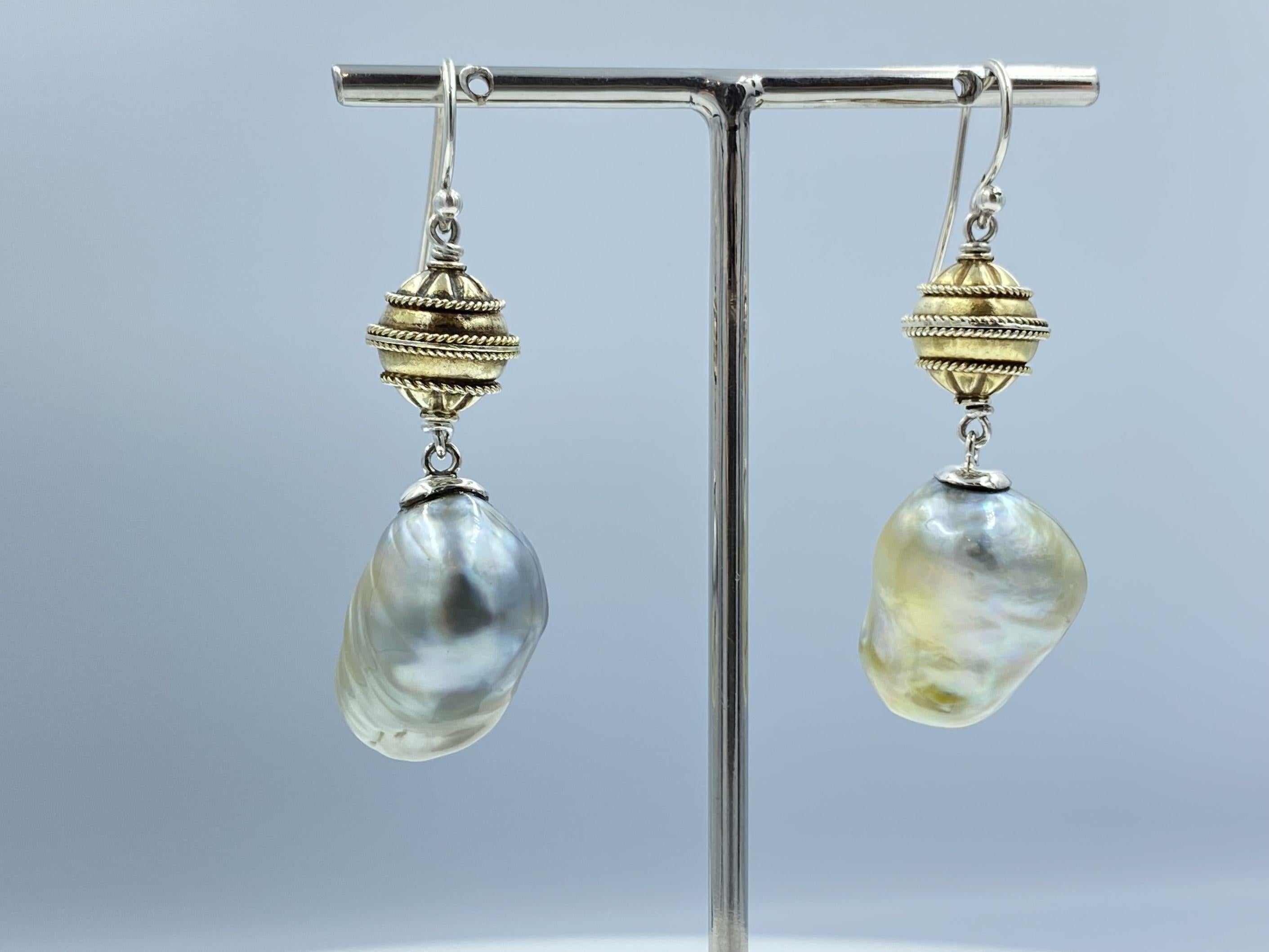 Contemporary Sterling Silver Gold Plate Lantern Beads Baroque South Sea Pearl Drop Earring For Sale