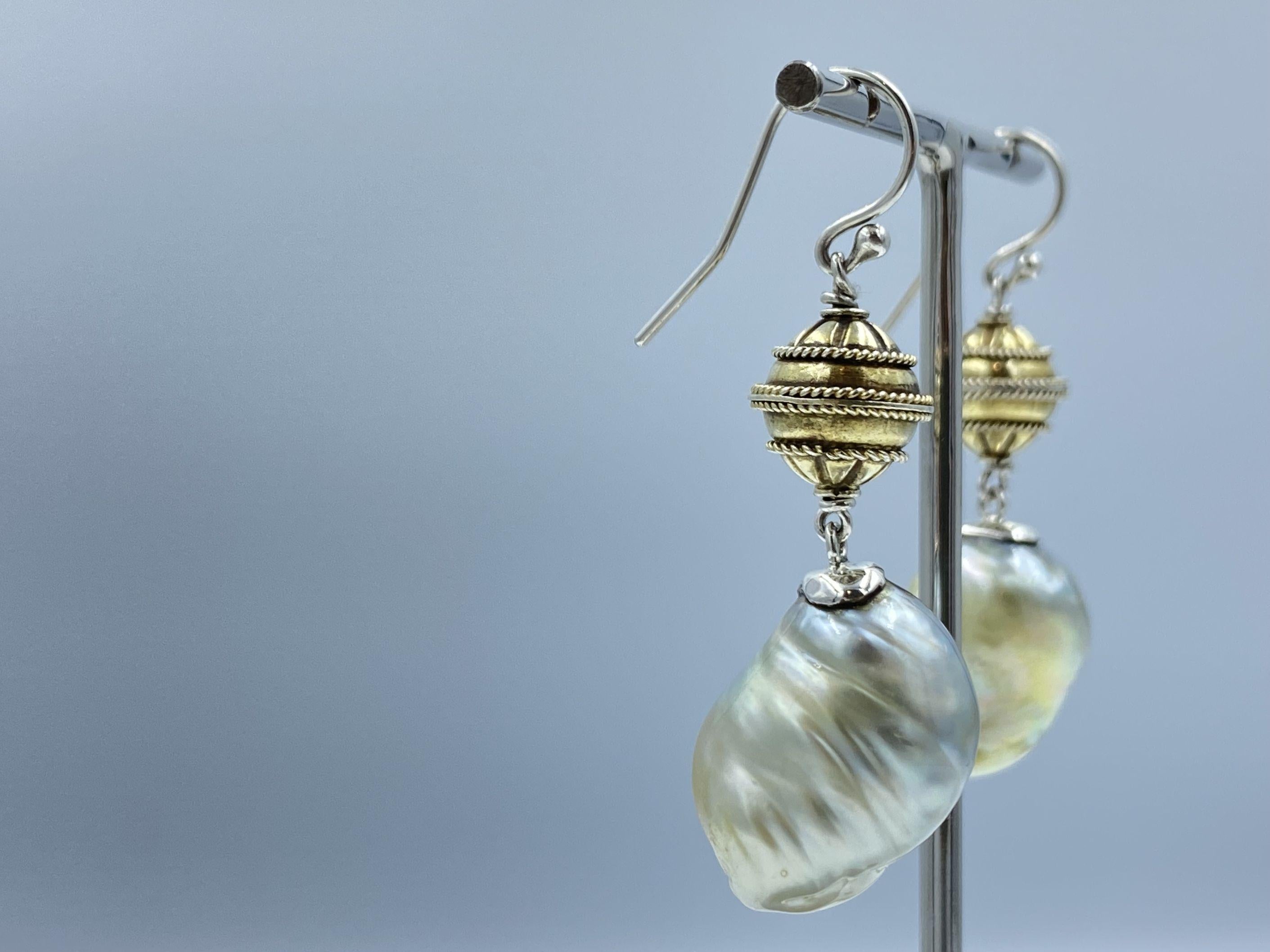 Uncut Sterling Silver Gold Plate Lantern Beads Baroque South Sea Pearl Drop Earring For Sale