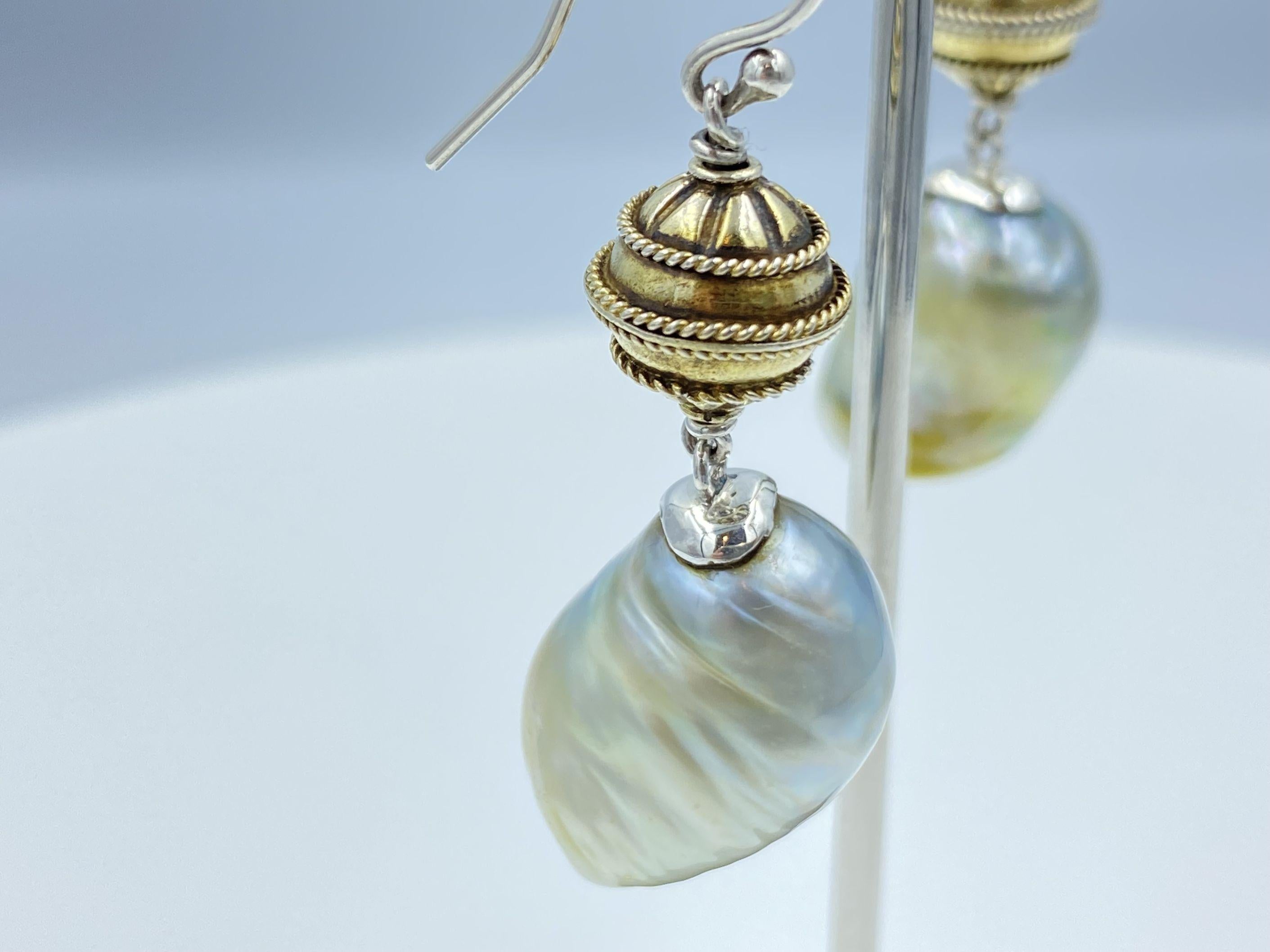 Sterling Silver Gold Plate Lantern Beads Baroque South Sea Pearl Drop Earring In Good Condition For Sale In Singapore, SG