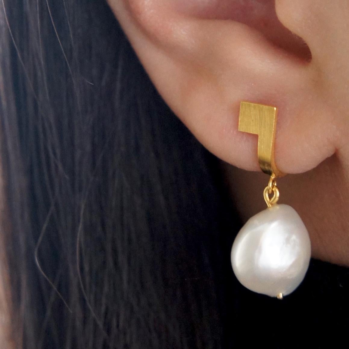 Uncut Sterling Silver Gold-Plated Baroque Pearl Dropping Earrings