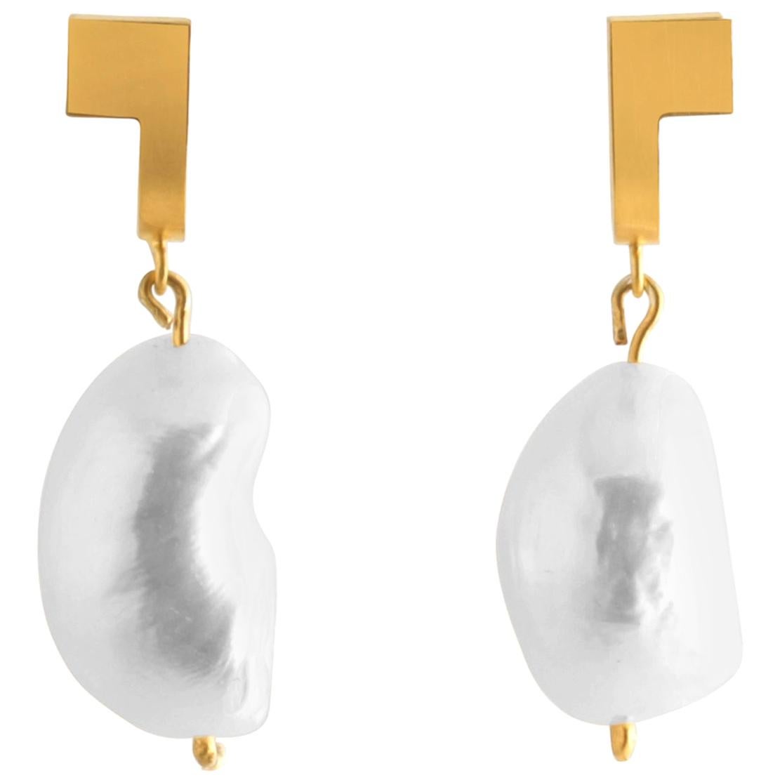 Sterling Silver Gold-Plated Baroque Pearl Dropping Earrings