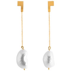 Sterling Silver Gold-Plated Baroque Pearl Long Swing Earrings