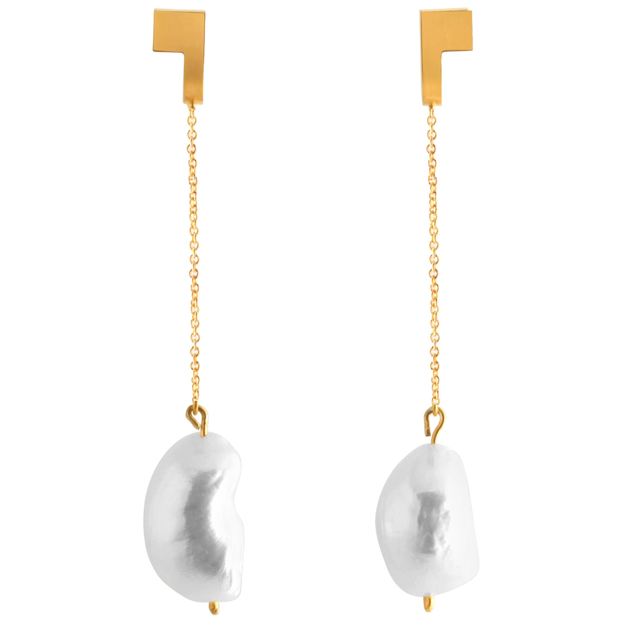 Sterling Silver Gold-Plated Baroque Pearl Long Swing Earrings For Sale
