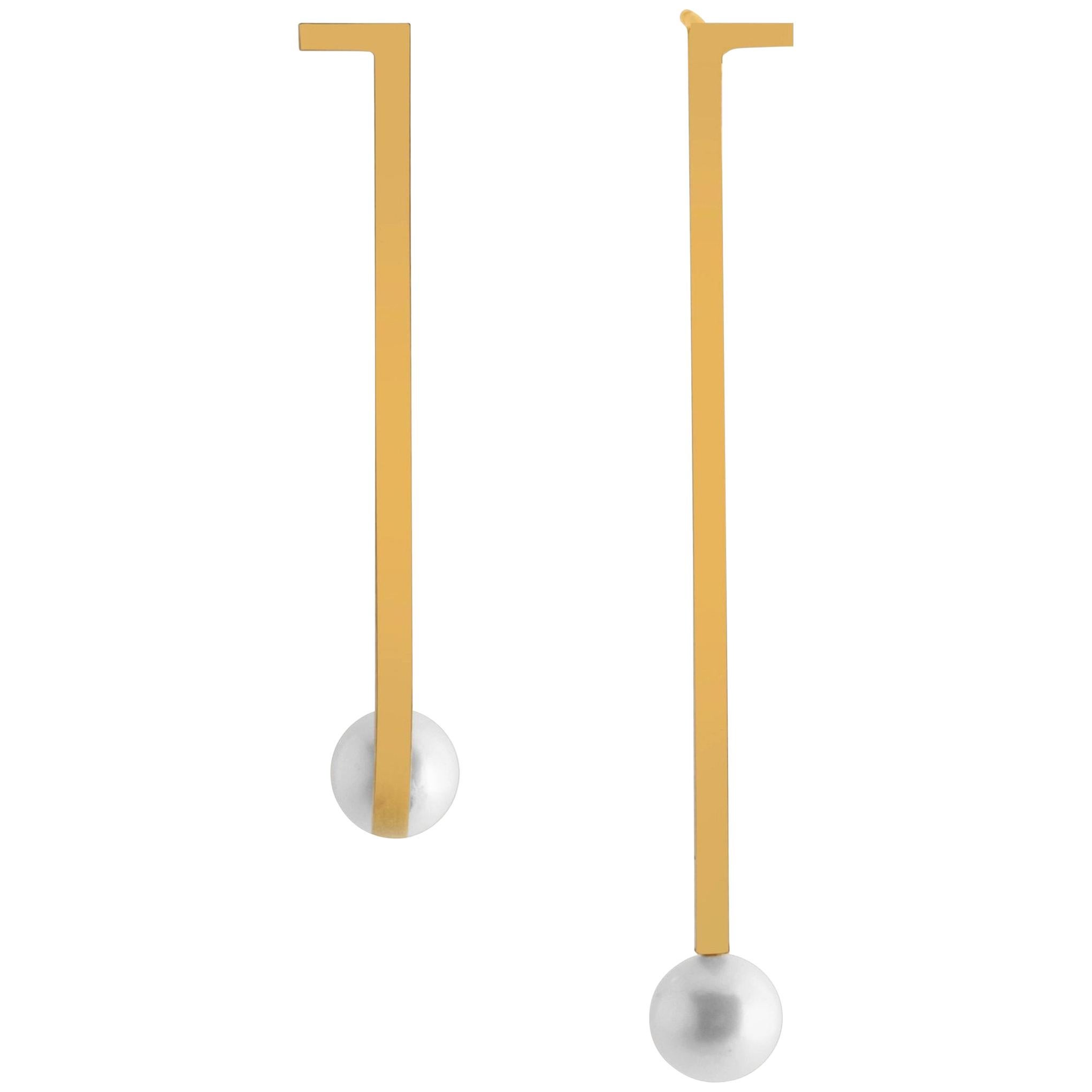 Sterling Silver Gold-Plated Curve Asymmetry Dropping Pearl Earrings For Sale