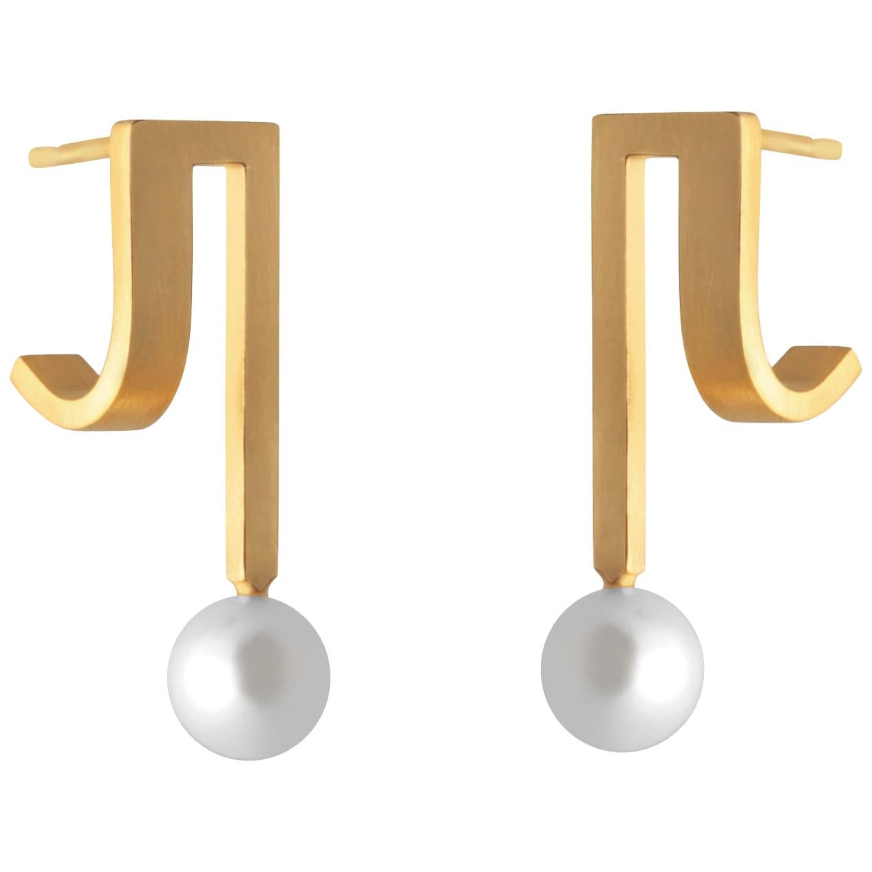 Sterling Silver Gold-Plated Curve Dropping Pearl Earrings For Sale