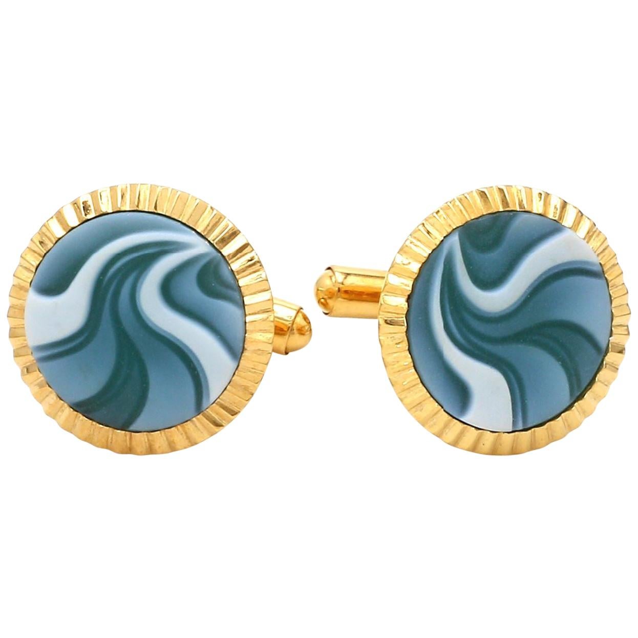 Gold-Plated Hand Carved Agate Gemstone Sterling Silver Cufflinks