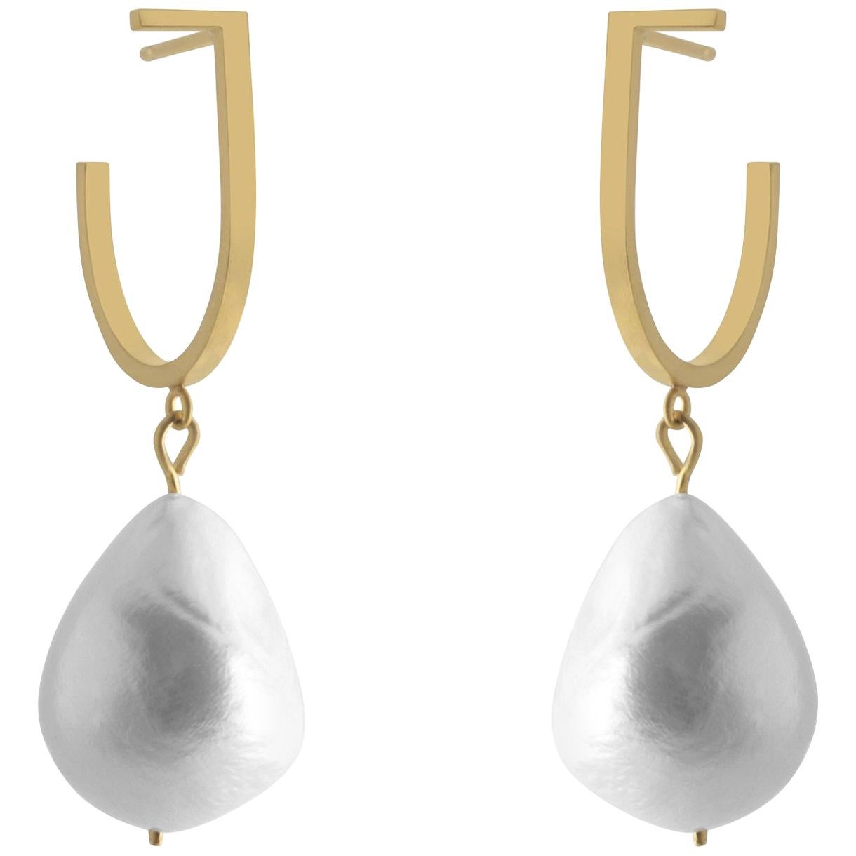 Sterling Silver Gold-Plated Hoop Baroque Pearl Dropping Earrings For Sale