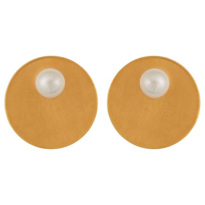 Sterling Silver Gold-Plated One or Two Disc Pearl Earrings For Sale