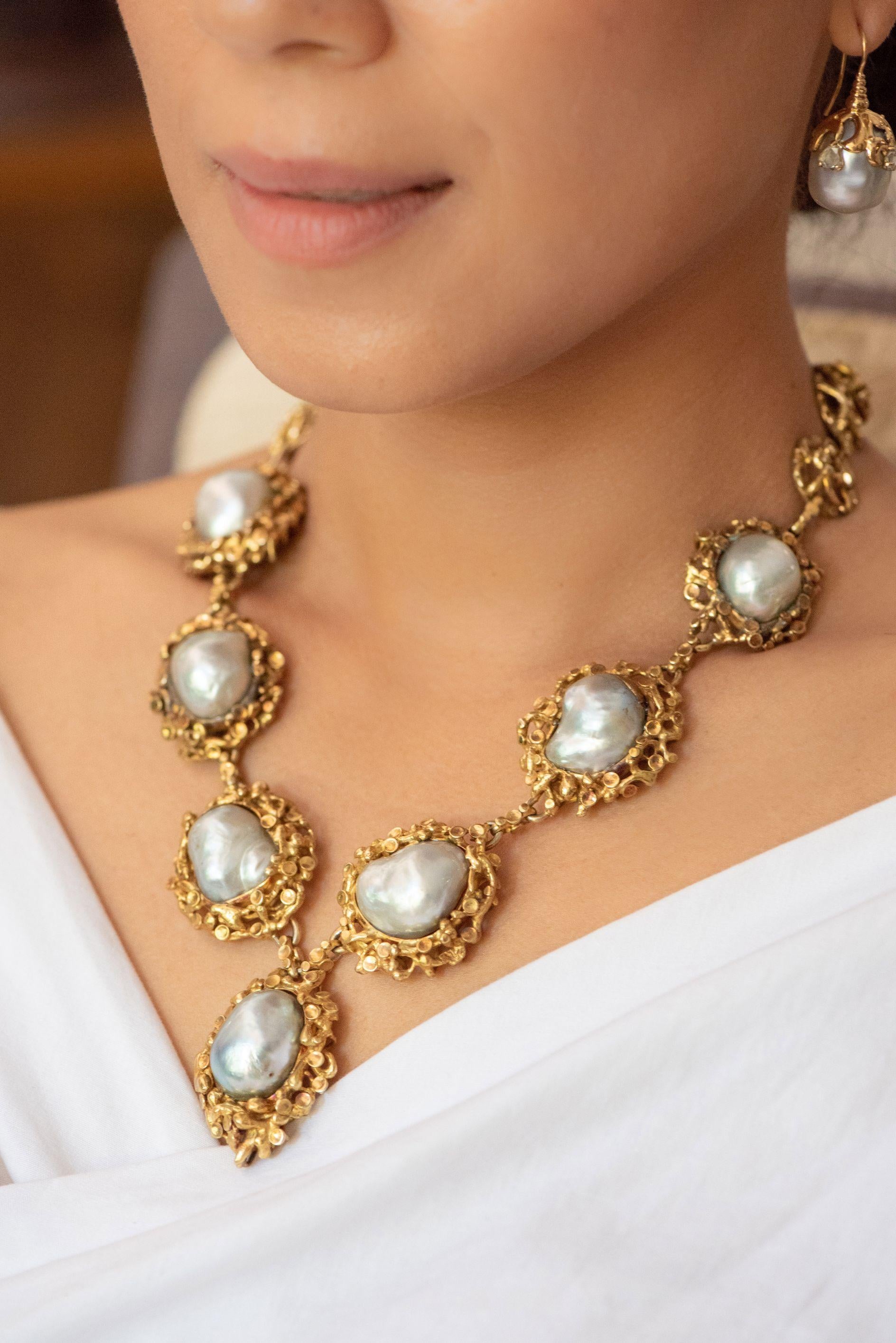 Uncut Sterling Silver Gold Plated Oversized White Baroque South Sea Pearl Necklace For Sale