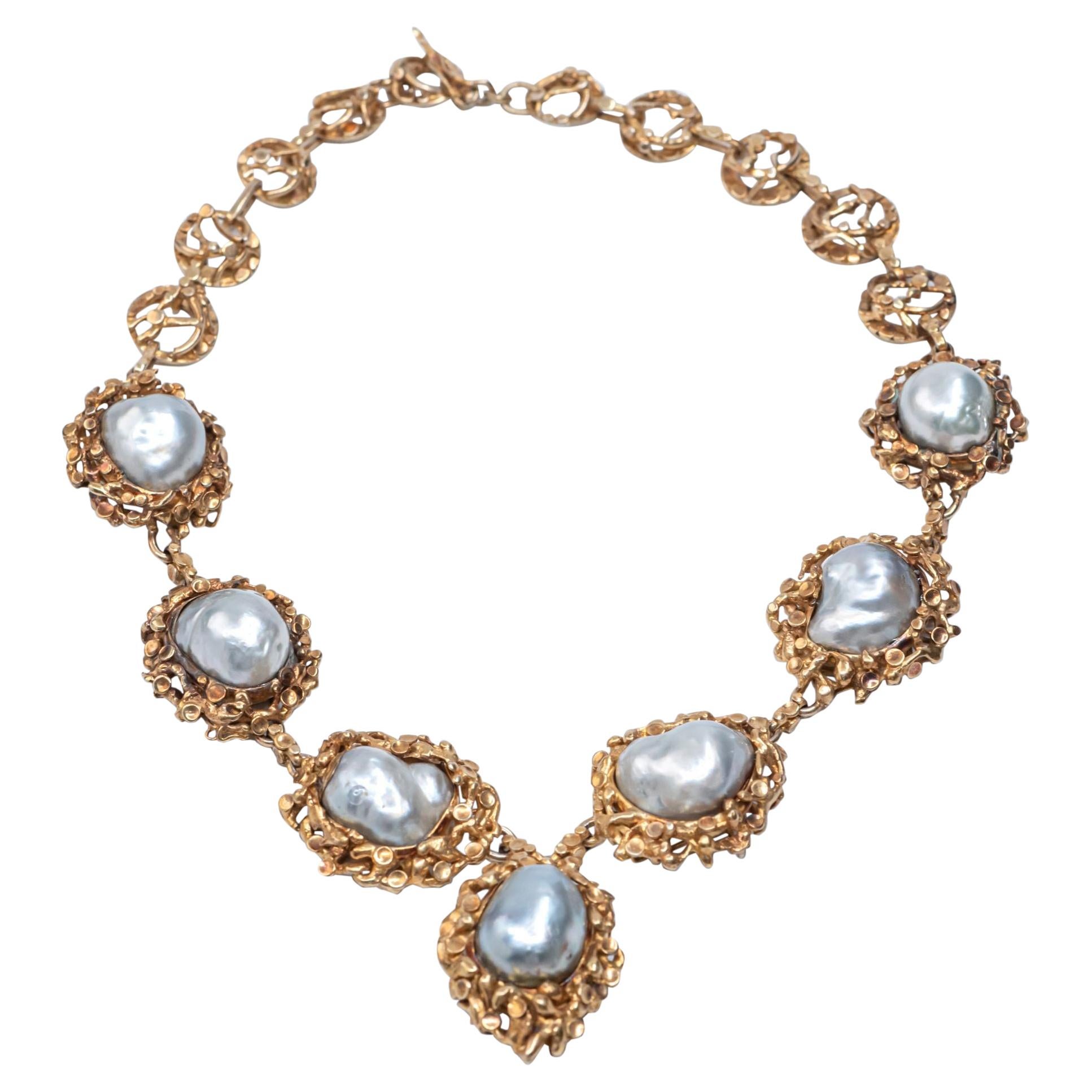 Sterling Silver Gold Plated Oversized White Baroque South Sea Pearl Necklace For Sale