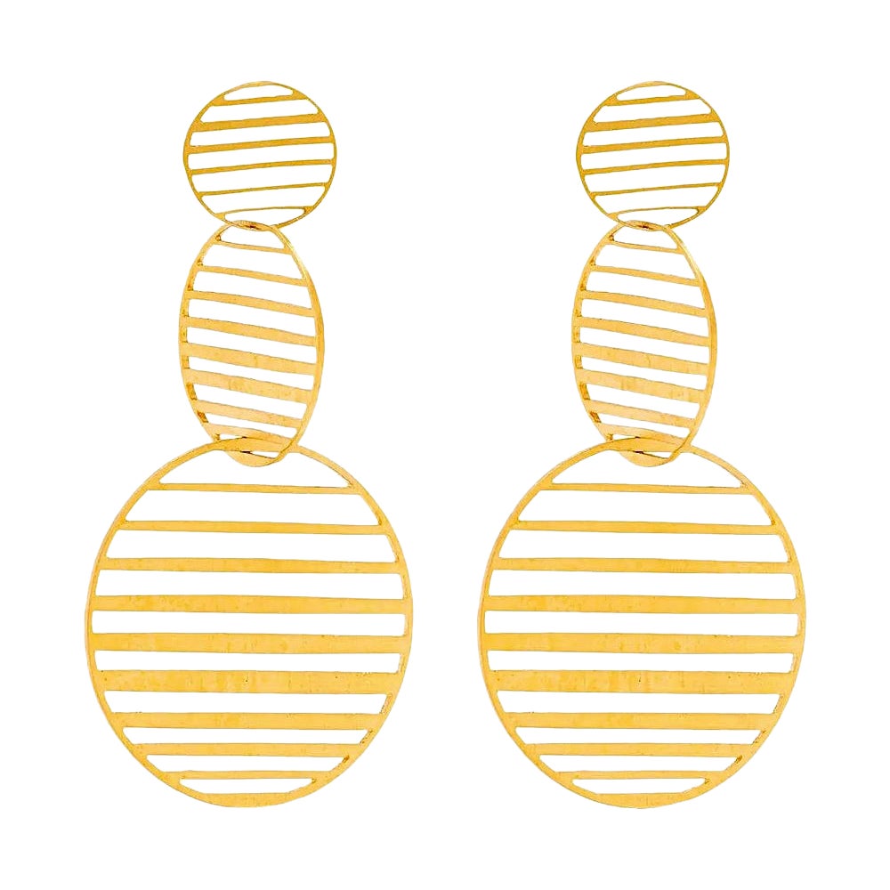 Sterling Silver Gold-Plated Pattern Triple Circles Hanging Earrings For Sale