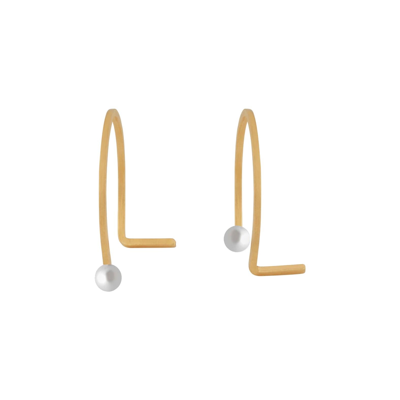 Sterling Silver Gold-Plated Pearl hammered Line Swing Hoop Earrings