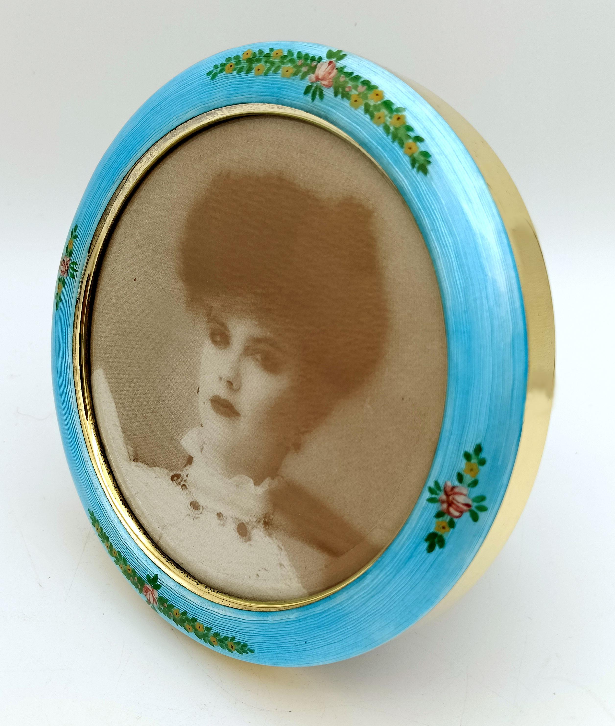 Late 20th Century Sterling Silver Gold-Plated Photo Frame with Buccioni Miniature, Art Nouveau For Sale