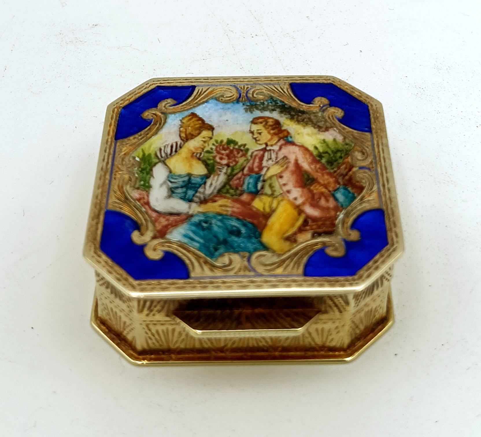 Pastillero de Plata de Ley Dorada con Miniatura de Buccioni, Estilo Luis XVI finales del siglo XX en venta