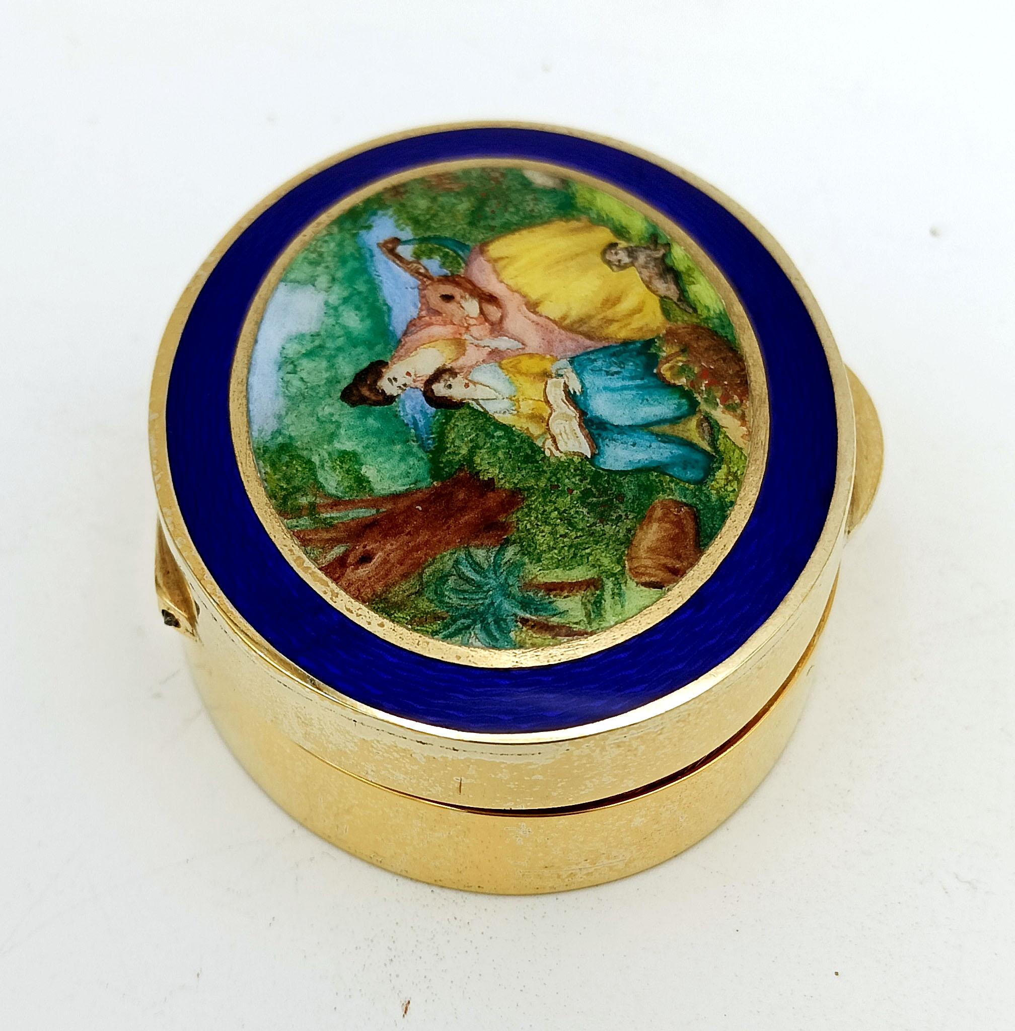 Italian Sterling Silver Gold-Plated Pill Box with Miniature, 19th Century Salimbeni For Sale