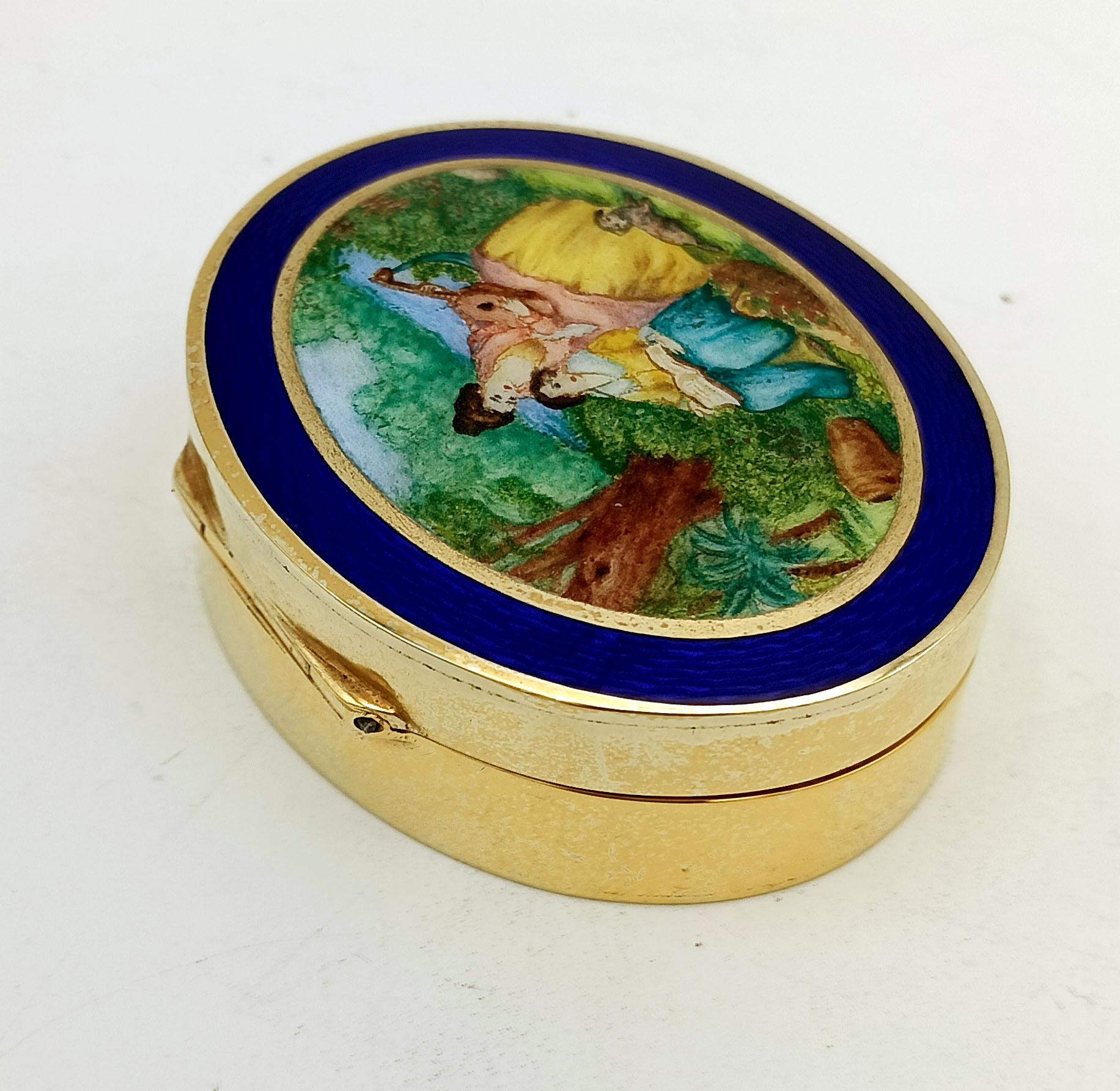 Hand-Carved Sterling Silver Gold-Plated Pill Box with Miniature, 19th Century Salimbeni For Sale