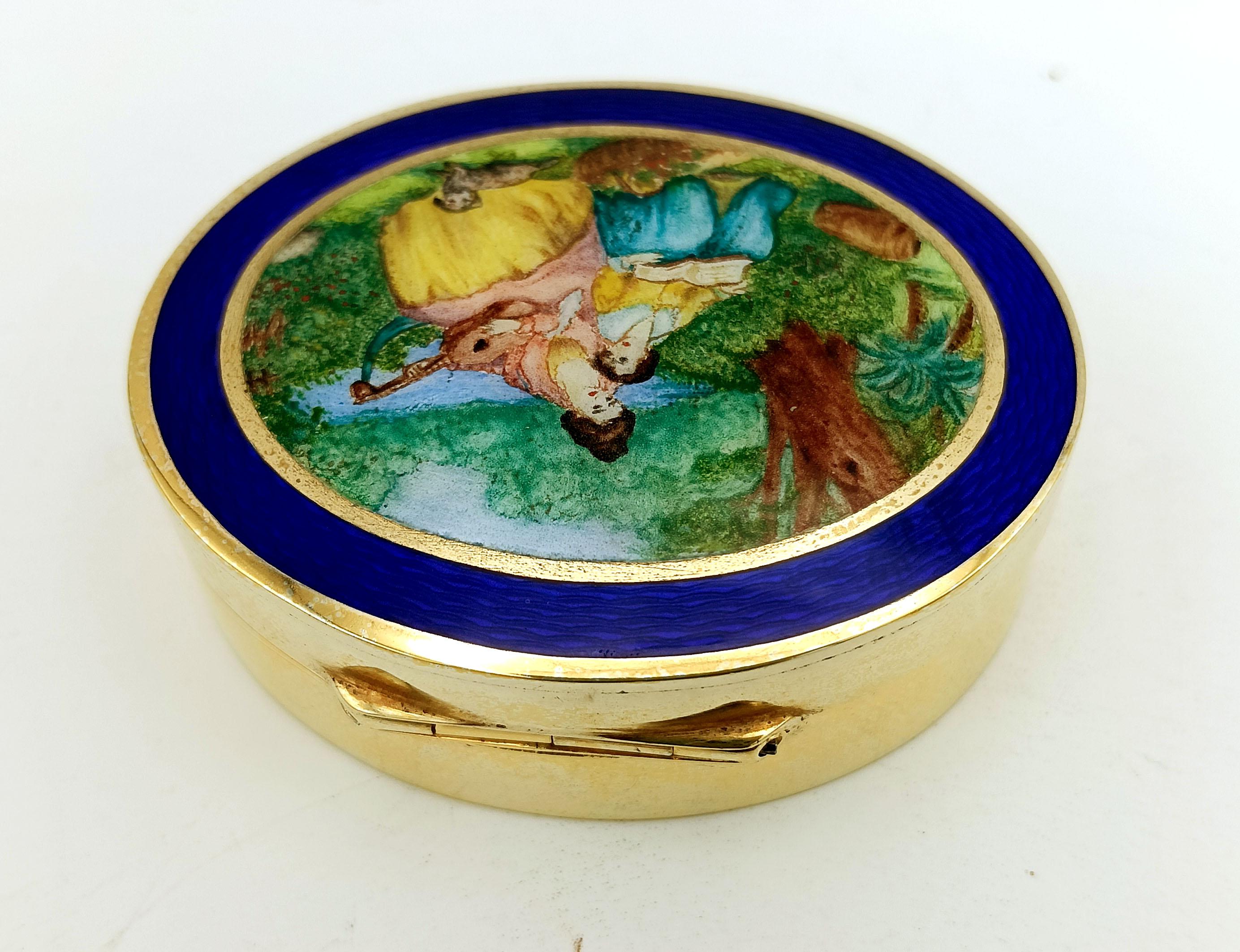 Sterling Silver Gold-Plated Pill Box with Miniature, 19th Century Salimbeni In Excellent Condition For Sale In Firenze, FI