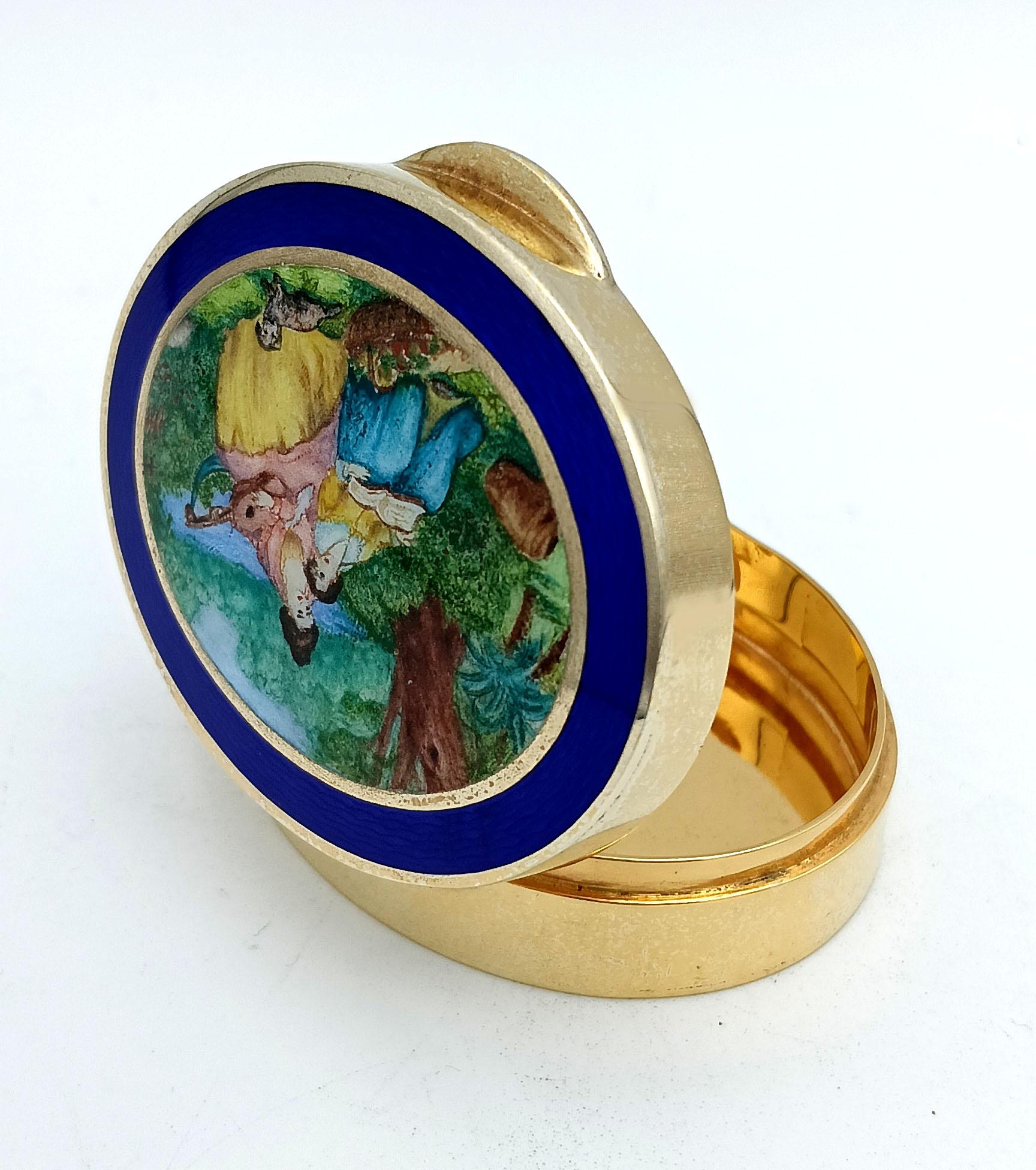Late 20th Century Sterling Silver Gold-Plated Pill Box with Miniature, 19th Century Salimbeni For Sale