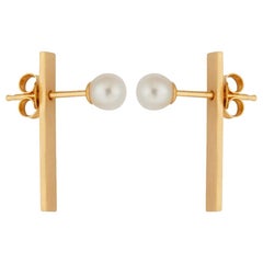 Antique Sterling Silver Gold-Plated Short Bar Pearl Earrings