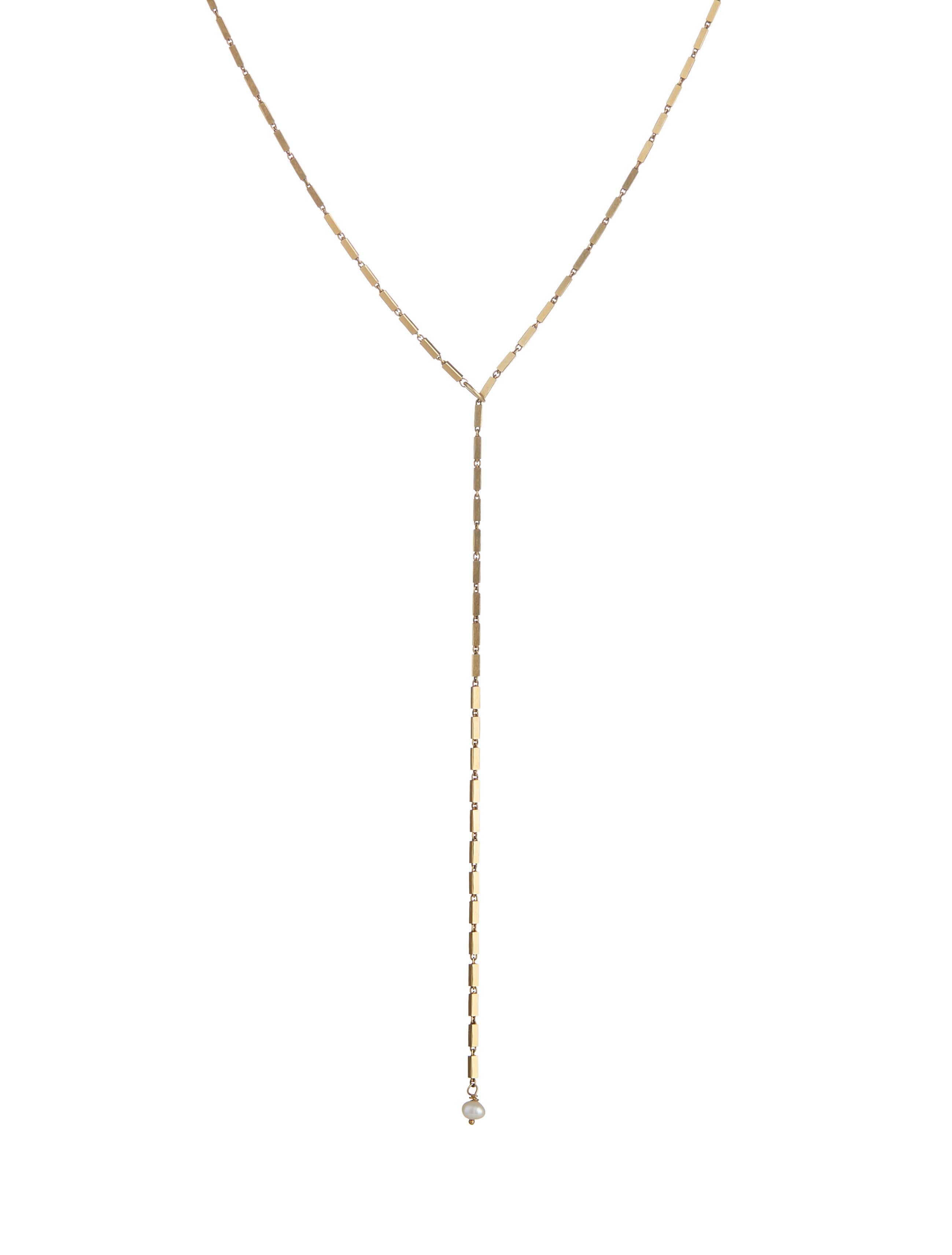 70cm timeless Gold plated sterling silver chain that consists of rectangular motifs linked to each with a pearl ending . This piece is adjustable and can be worn as a lariat and as a necklace. Suits all types of styles and occasions.  Every piece is