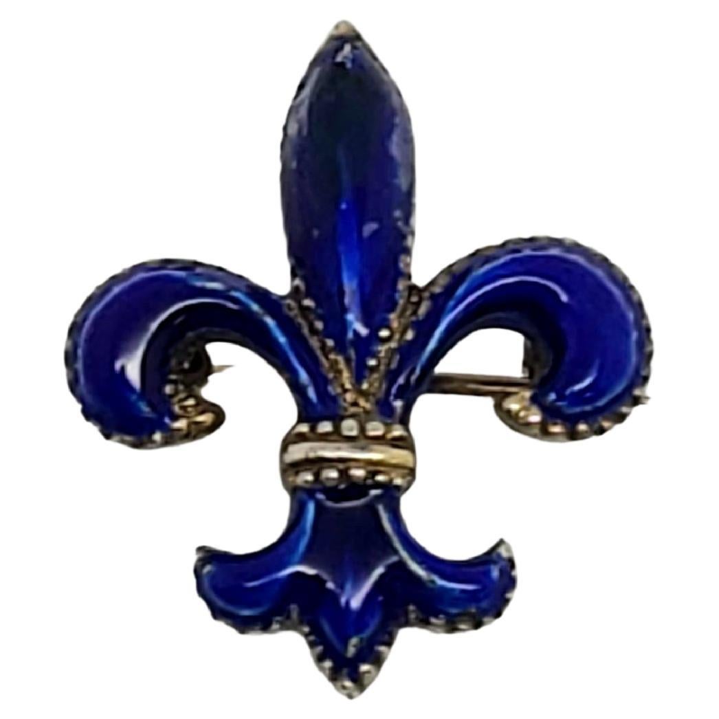 Sterling Silver Gold Vermeil Blue Enamel Fleur-de-Lis Pin/Pocketwatch Clip