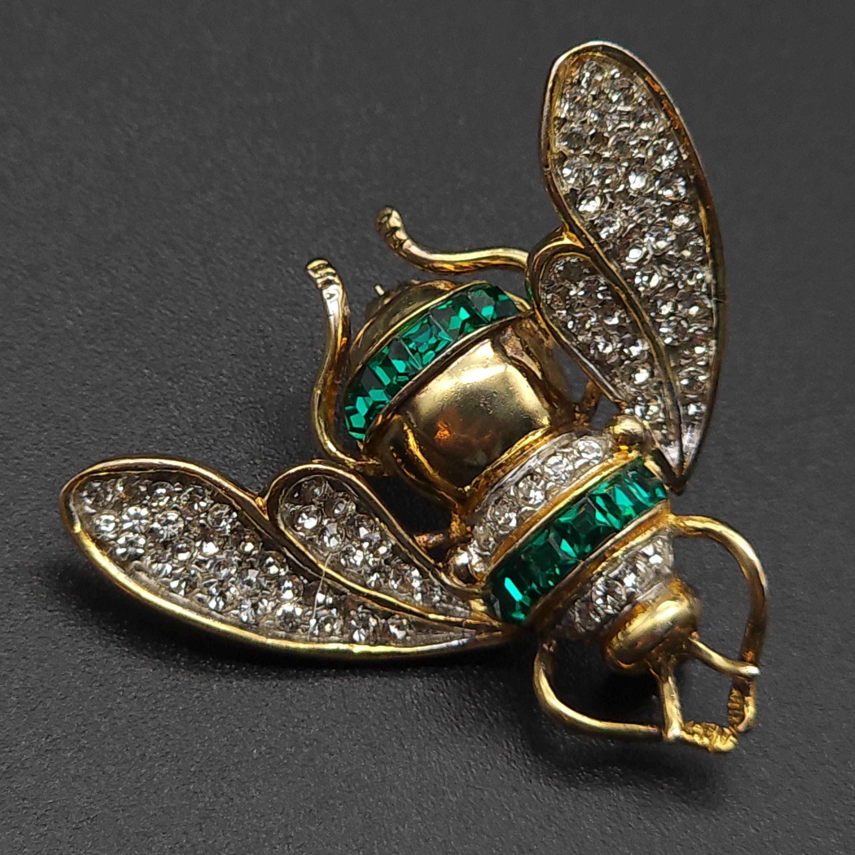 Mixed Cut Sterling Silver Gold Vermeil Green Swarovski Crystal Bee Wasp Pin Brooch  For Sale