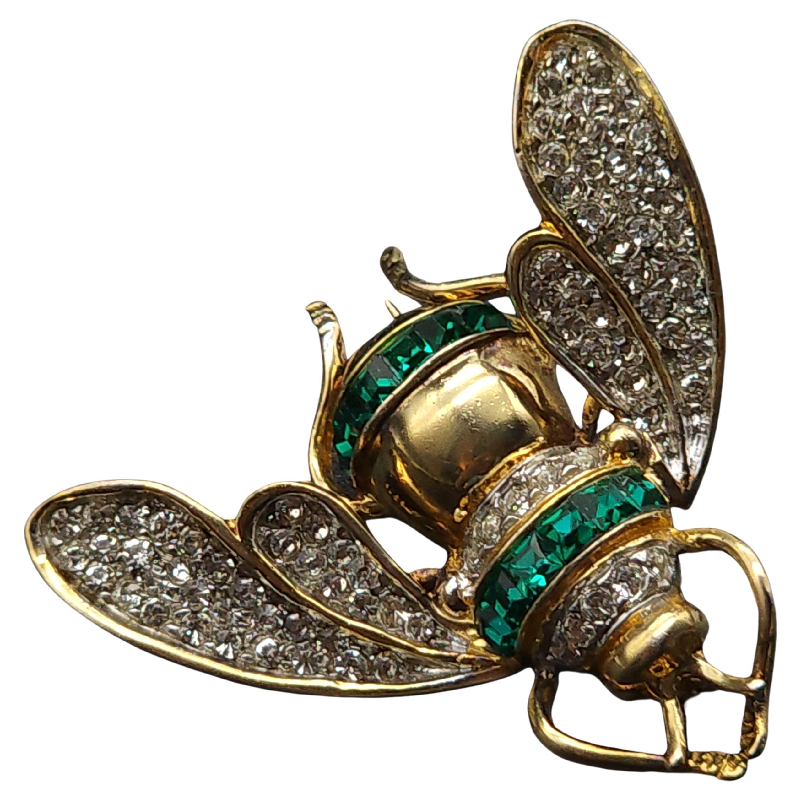 Sterling Silver Gold Vermeil Green Swarovski Crystal Bee Wasp Pin Brooch  For Sale