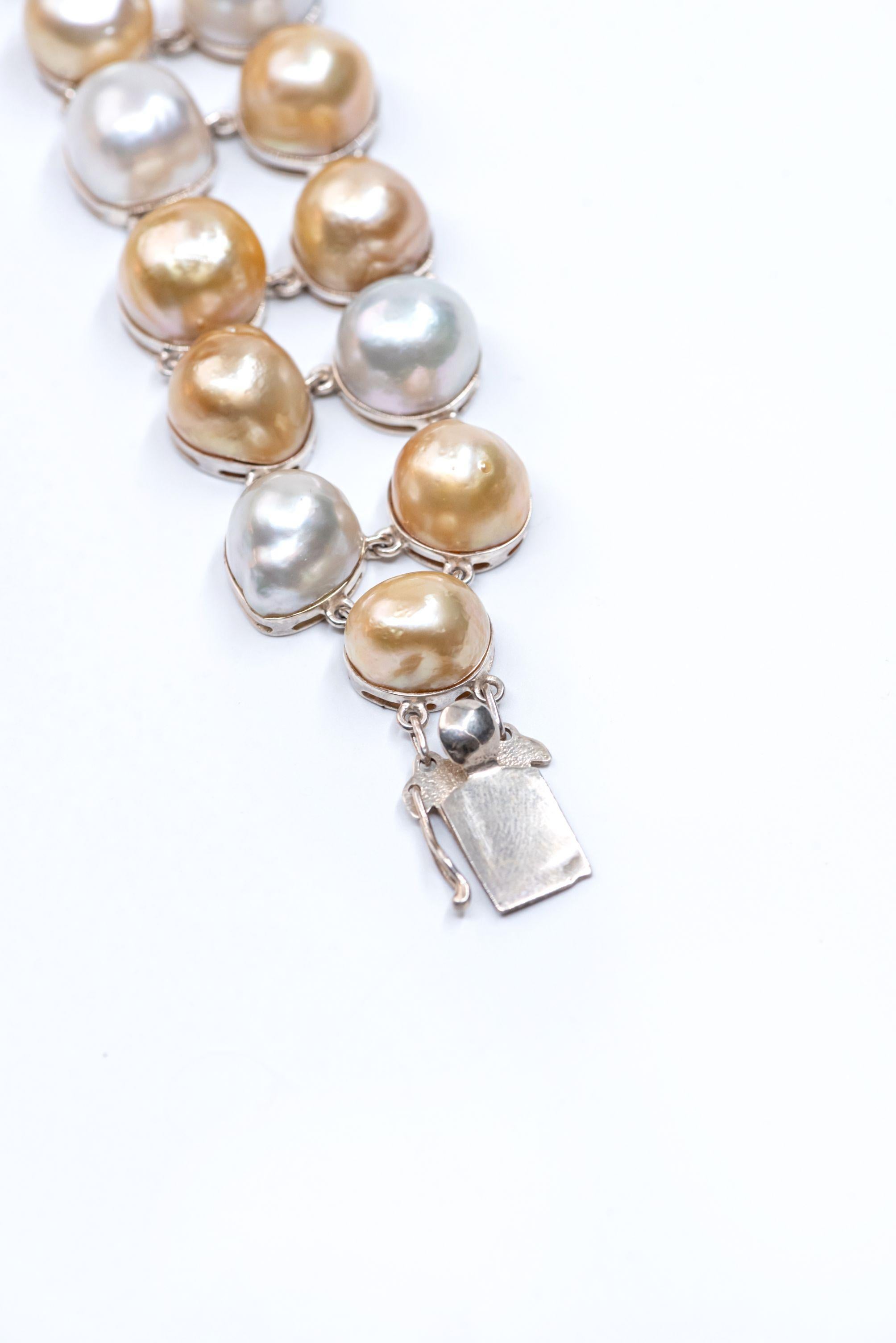 Sterling Silver Gold White Baroque South Sea Pearls Link Bracelet For Sale 4