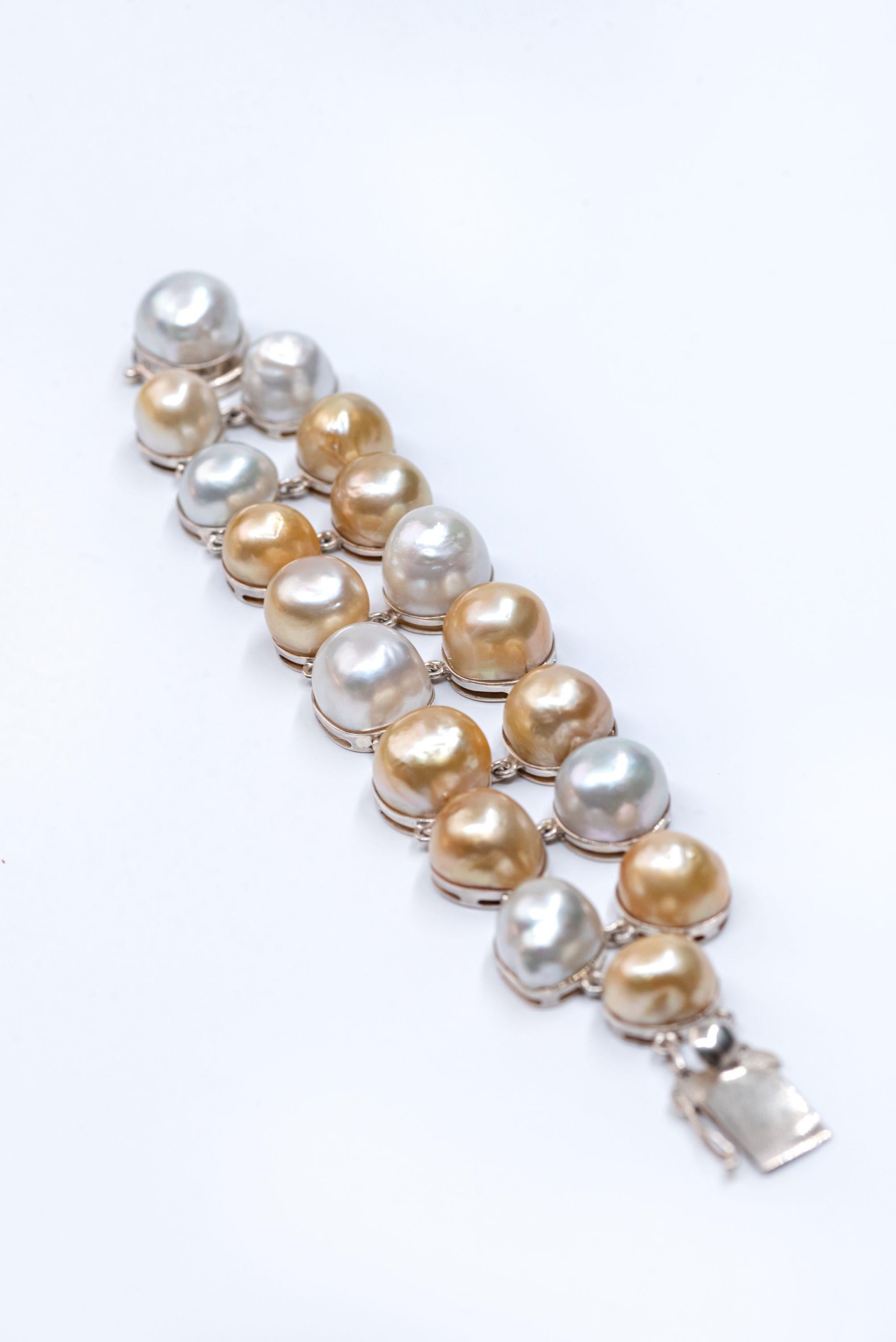 Sterling Silver Gold White Baroque South Sea Pearls Link Bracelet For Sale 5